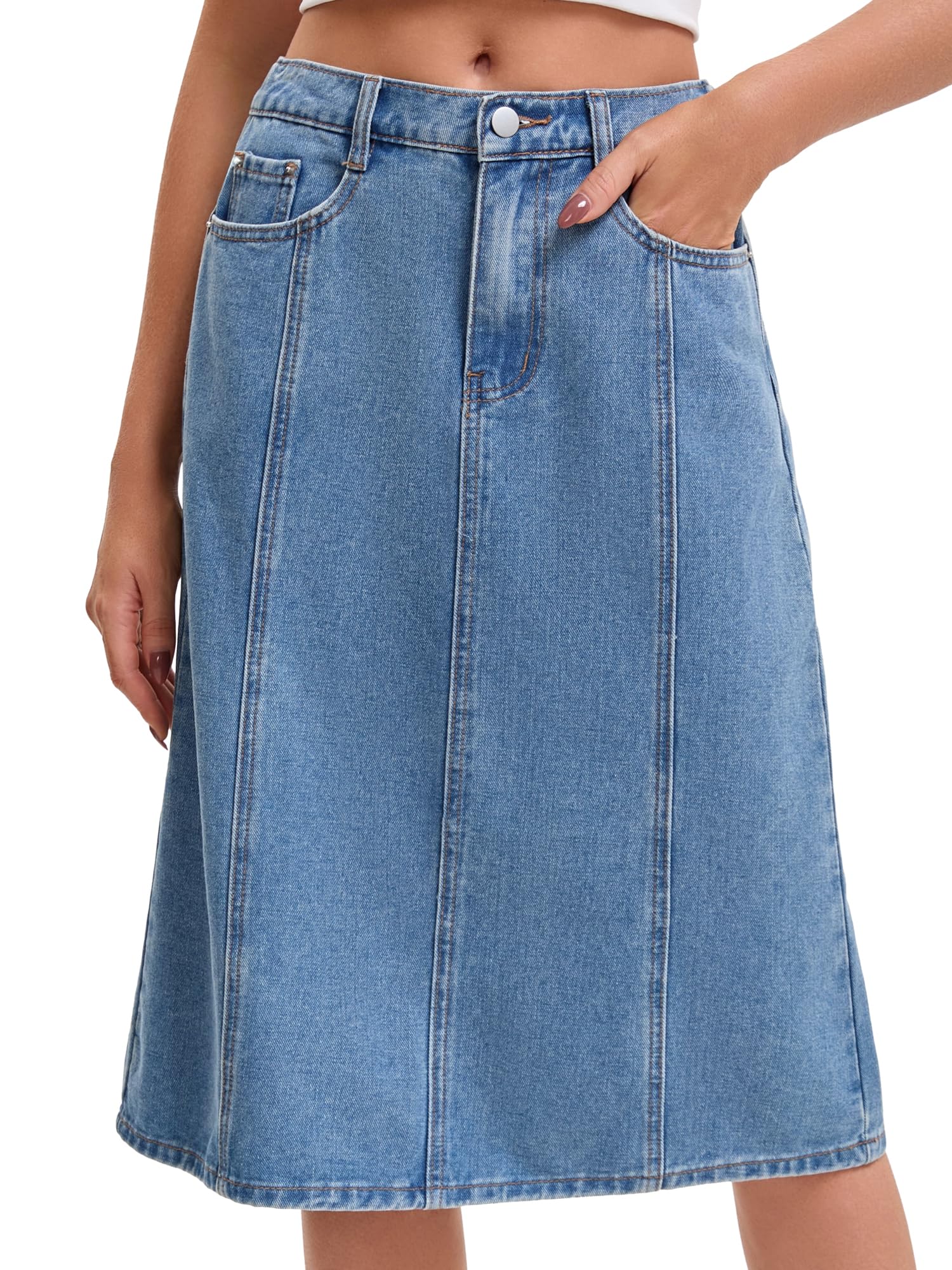Mujer Falda Midi de Mezclilla en Linea a | Tiro Medio Cintura Elástica Trasera Largo Bajo Rodilla Bolsillos Vaqueros Casual Western