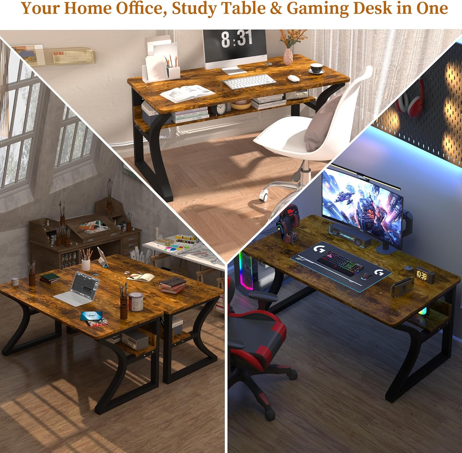 55'' Computer Desk Home Office Desk, Modern Computer Desk w/U Shaped Metal Frame, Storage Shelves, PC Table Study Writing Desk Workstation for Home Office (55inch/Brown)
