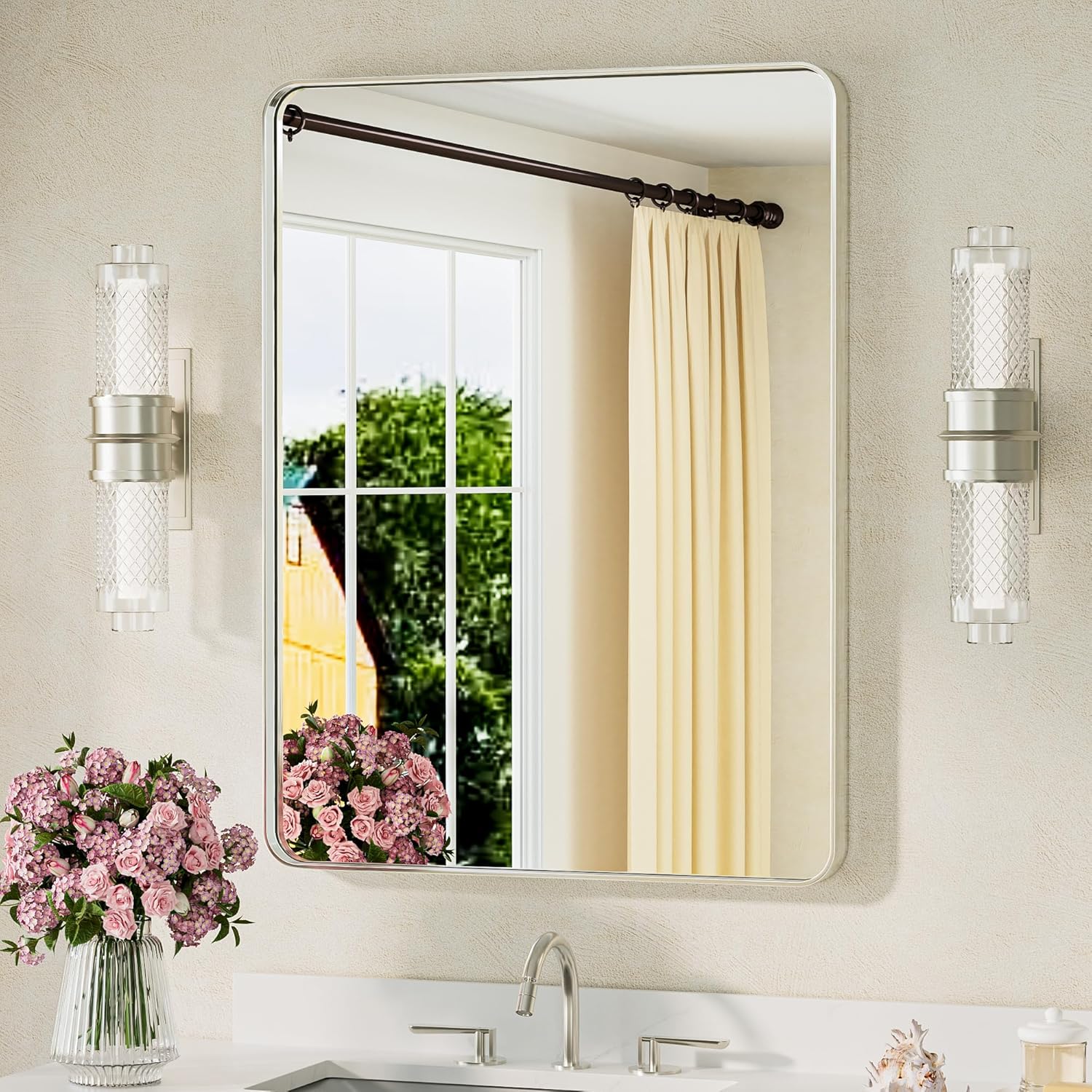 TETOTE Brushed Nickel Mirror 24 x 32 Inch Brushed Nickel Metal Framed Bathroom Mirror, Tempered Glass, Modern Farmhouse Wall Mounted Mirror for Decorative(Horizontal/Vertical) 32"L x 24"W Brushed Nickel