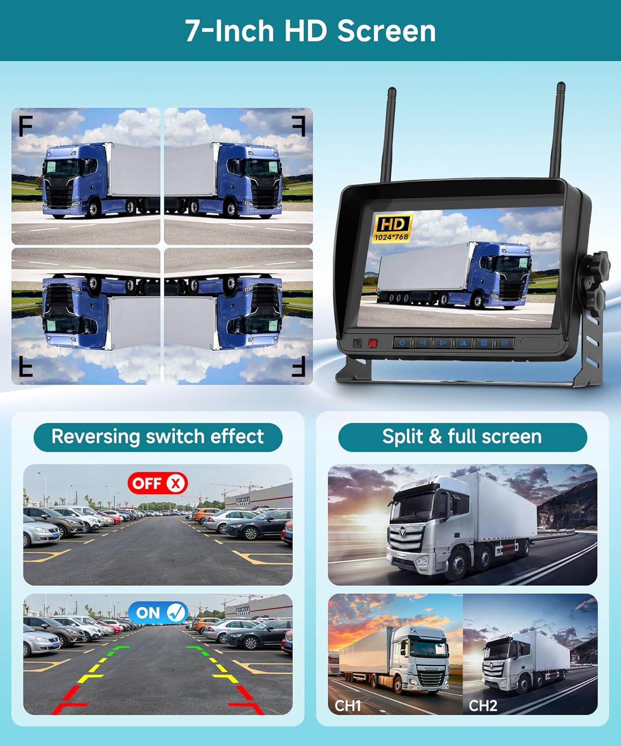 7-inch HD monitor displaying split screen and reversing guidelines