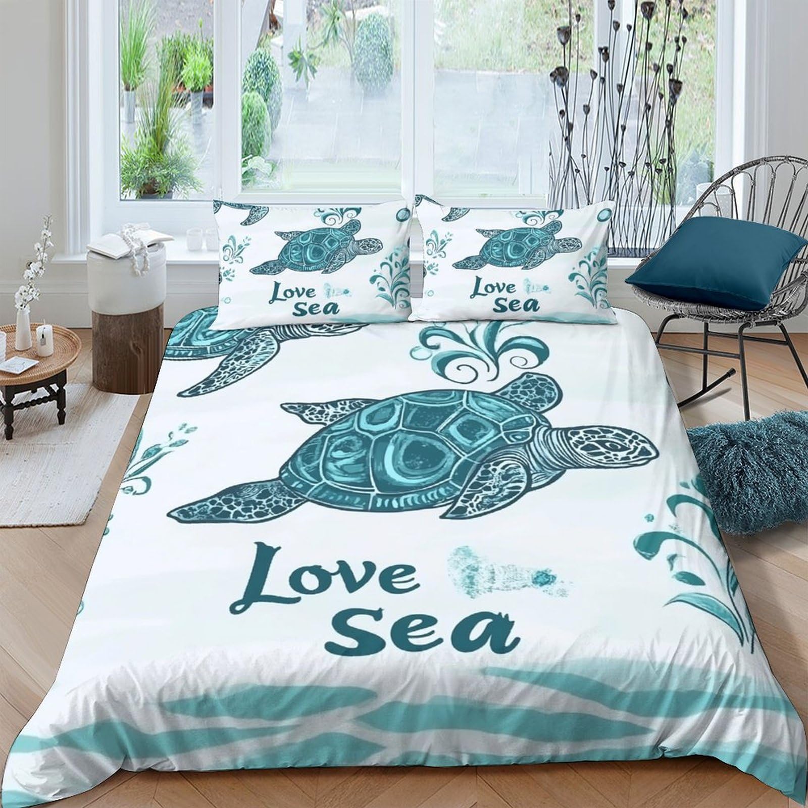 GPLZQXKJNH 3D Printed Sea Turtle Duvet Cover Microfiber Breathable Ocean Love Bedding Set with 2 Pillowcases for Bedroom Decor, Single（135x200cm）