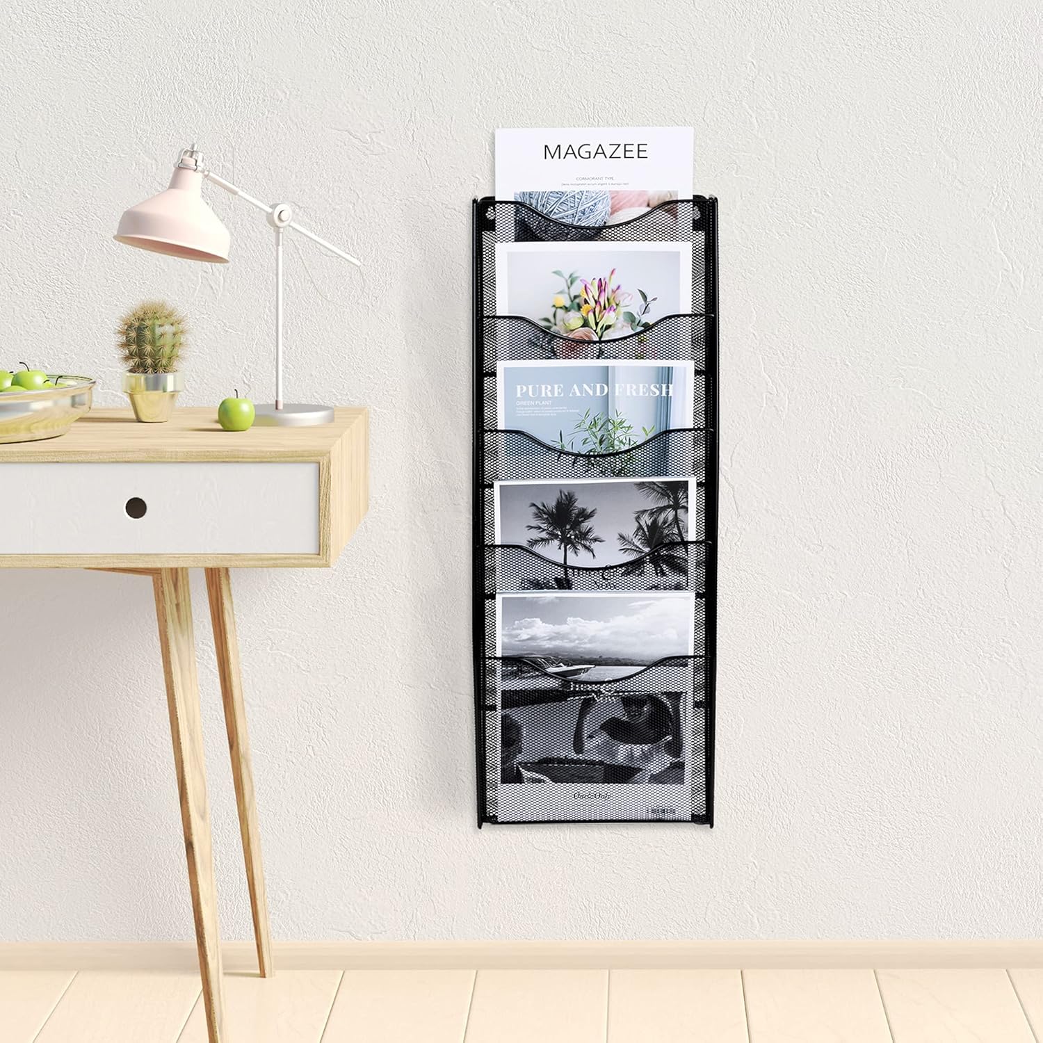  Basics 5 Pocket Wall Mount File Holder, Metal Mesh Hanging Document Organizer, Multipurpose Magazine Holder Rack : Office Products