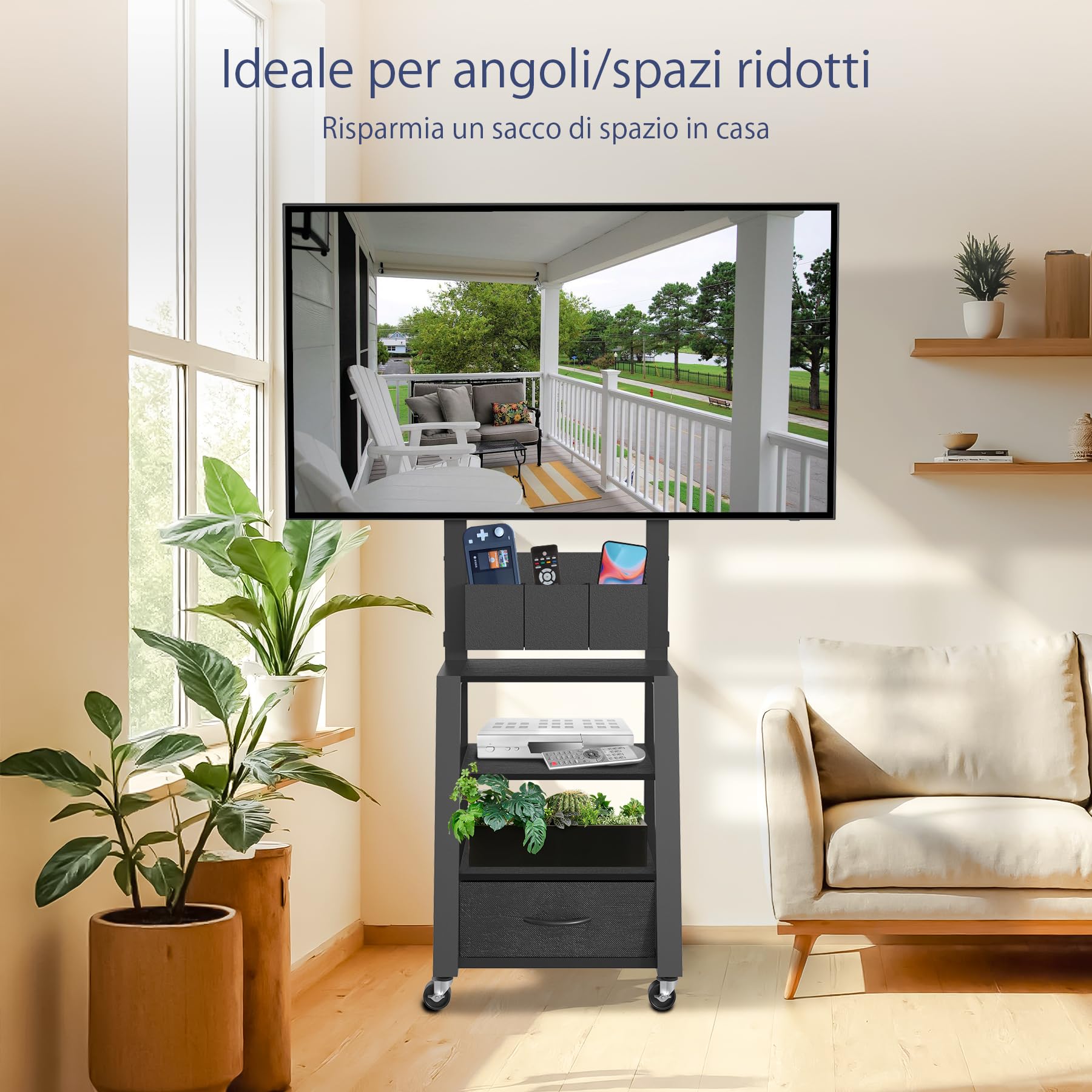 Mobile porta TV con ruote, cassetto e 3 ripiani per TV piatti/curvi da 23"-60", mas 72 kg, LCD/LED/OLED. Carrello mobile con altezza regolabile per casa, ufficio e esterni, VESA mas 400x400mm, nero