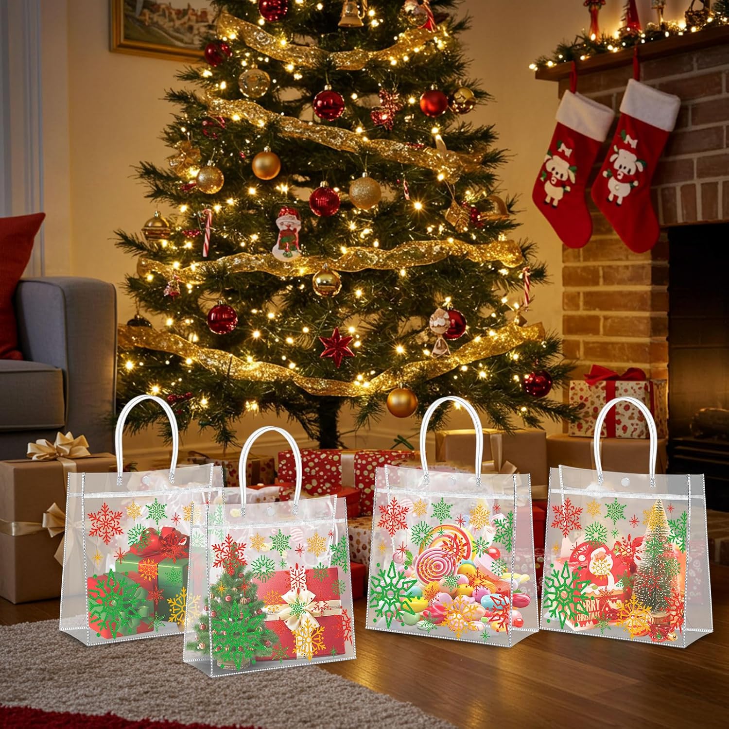 Harloon 24 Pcs Christmas Clear Plastic Gift Bags with Handle, PVC Goodie Candy Treat Bags Reusable Tote Bag for Xmas Winter Party Favor Gifts Supplies, 9.84"x 9.84"x 3.54"(Snowflake) - Image 3