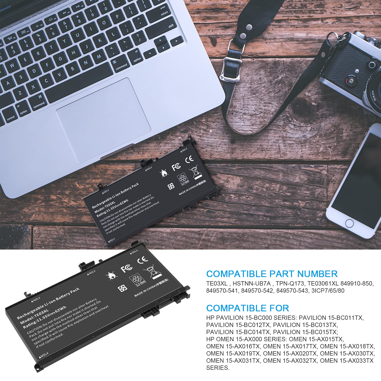 ASUNCELL 11.55V/62Wh TE03XL Batería del Ordenador portátil para HP Omen 15-AX000 15T-AX000 Series, HP Pavilion 15-BC000 15-BC300 15-BC400 15T-BC000 15T-BC300 Series, TE03XL HSTNN-UB7A TPN-Q173