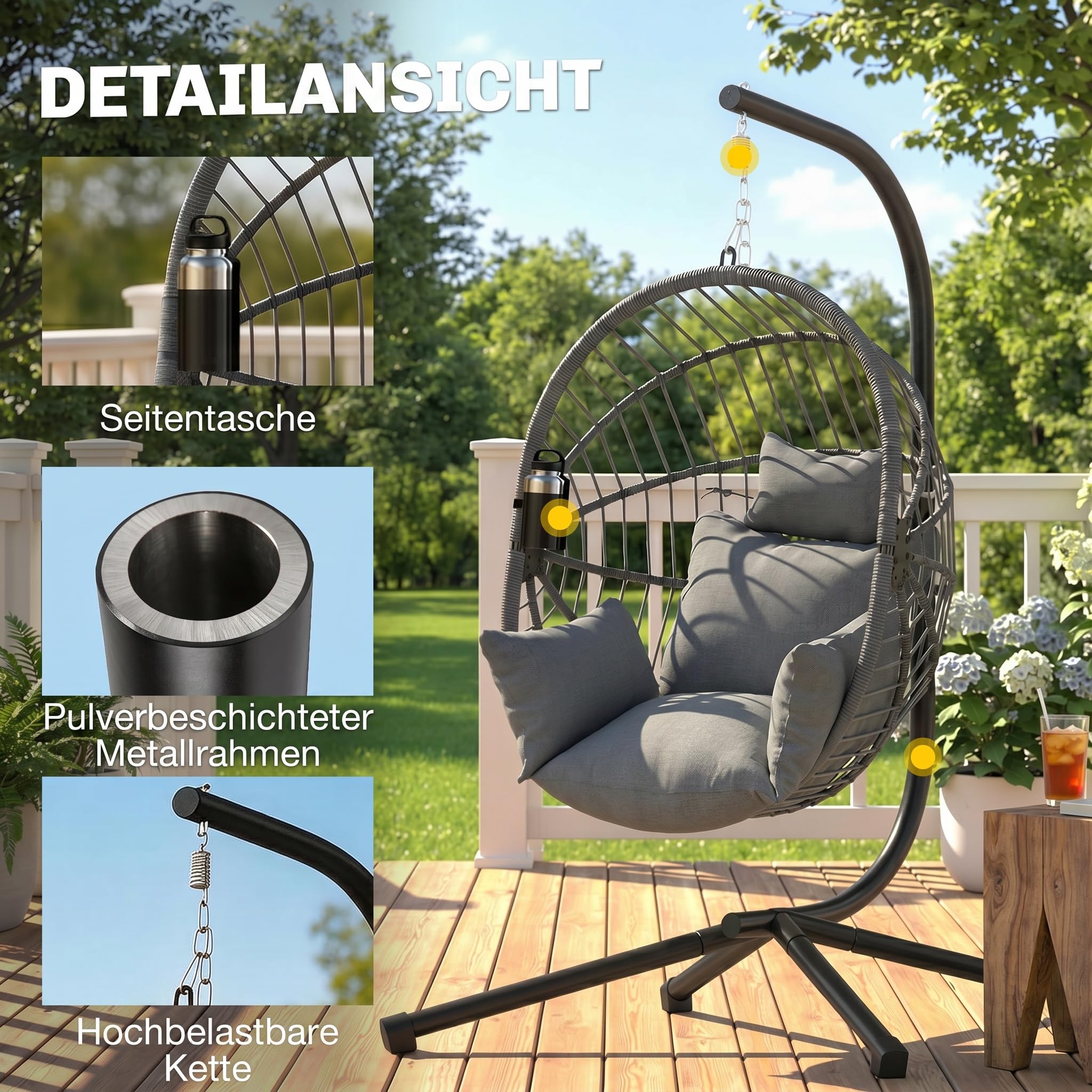Outsunny Fotel wiszący, fotel wiszący ze składanym koszem do siedzenia, poduszka z uchwytem na kubek, imitacja rattanu, obciążenie do 120 kg, do użytku na zewnątrz, wewnątrz, stal, szary