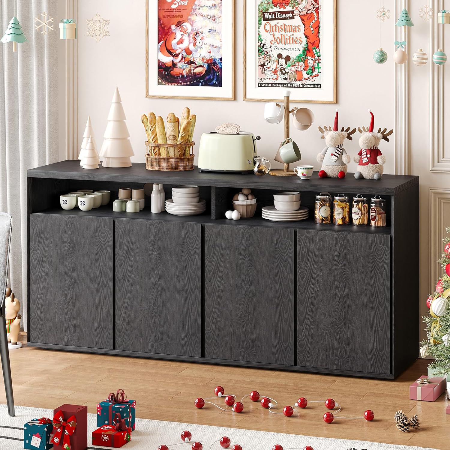 ONBRILL Buffet Cabinet with Storage, 63" Sideboard Cabinet with 4 Doors & Shelves, Modern Kitchen Storage Cabinets, Coffee Bar Console Table for Dining Room, Living Room, Black & Grey