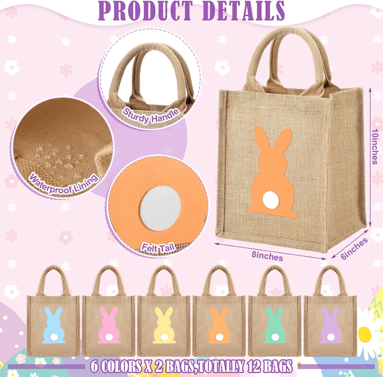 GliCraft 12 Pack Easter Burlap Gift Bags Large Bunny Jute Bags with Handle and Waterproof Lining Reusable Burlap Tote Bag for Kids Egg Hunt Game Spring Easter Party Supplies, 8''x10''x6'' image 2