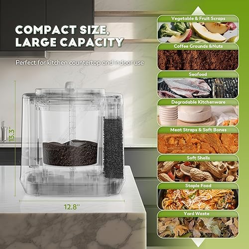 Miniatura 5 de Compostador eléctrico para cocina, contenedor de compostaje inteligente de 4.2 litros con 2 filtros de carbono, máquina de compostaje rápido que