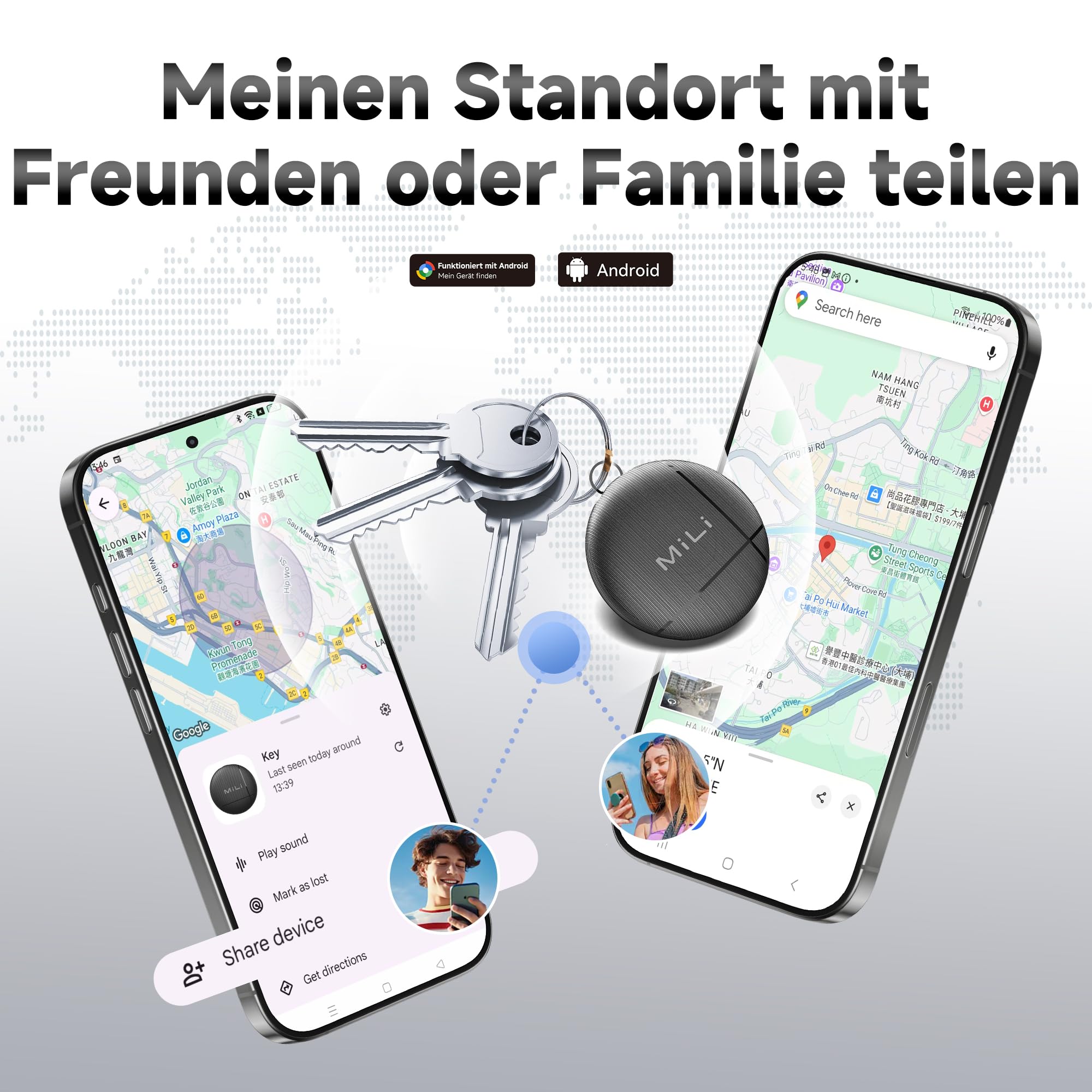 MiLi LiTag Android Smart Tracker, portachiavi localizzatore compatibile con l’app “Find Hub di Google” (solo Android), tracker Bluetooth per valigia/borsa/portafoglio/chiavi (Nero-1 confezione)