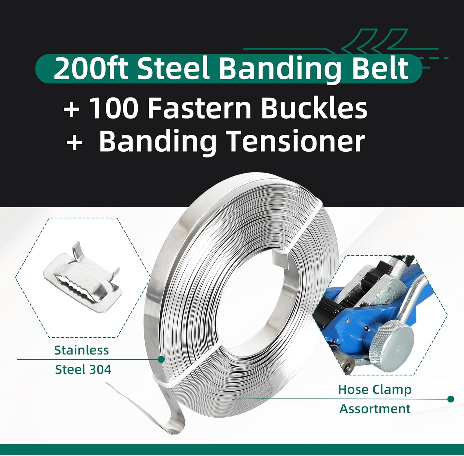 200 ft 304 Stainless Steel Banding Strapping Kit with 100 Steel Buckles & Tensioner Tool – Rust-Resistant Heavy Duty Pallet Strapping for Shipping, Construction, and Storage