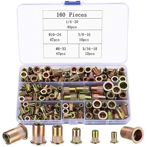 Kit de tuercas de remache, 160 piezas SAE y kit surtido de tuercas remachadoras métricas, tuercas remachadoras ciegas de cabeza plana, kit de