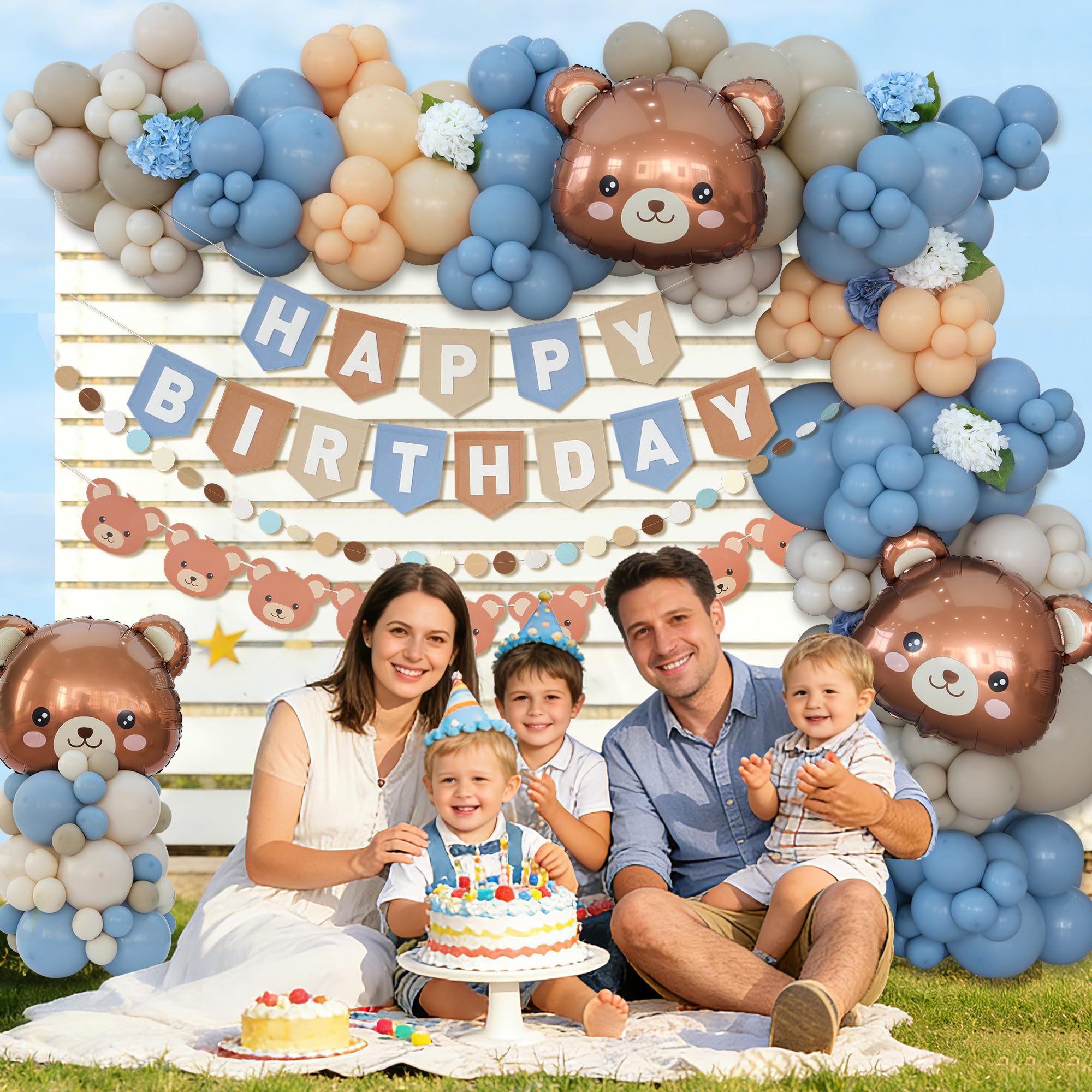Kit de arco de globos de cumpleaños de oso para bebé, azul, caqui y marrón, decoración temática de oso