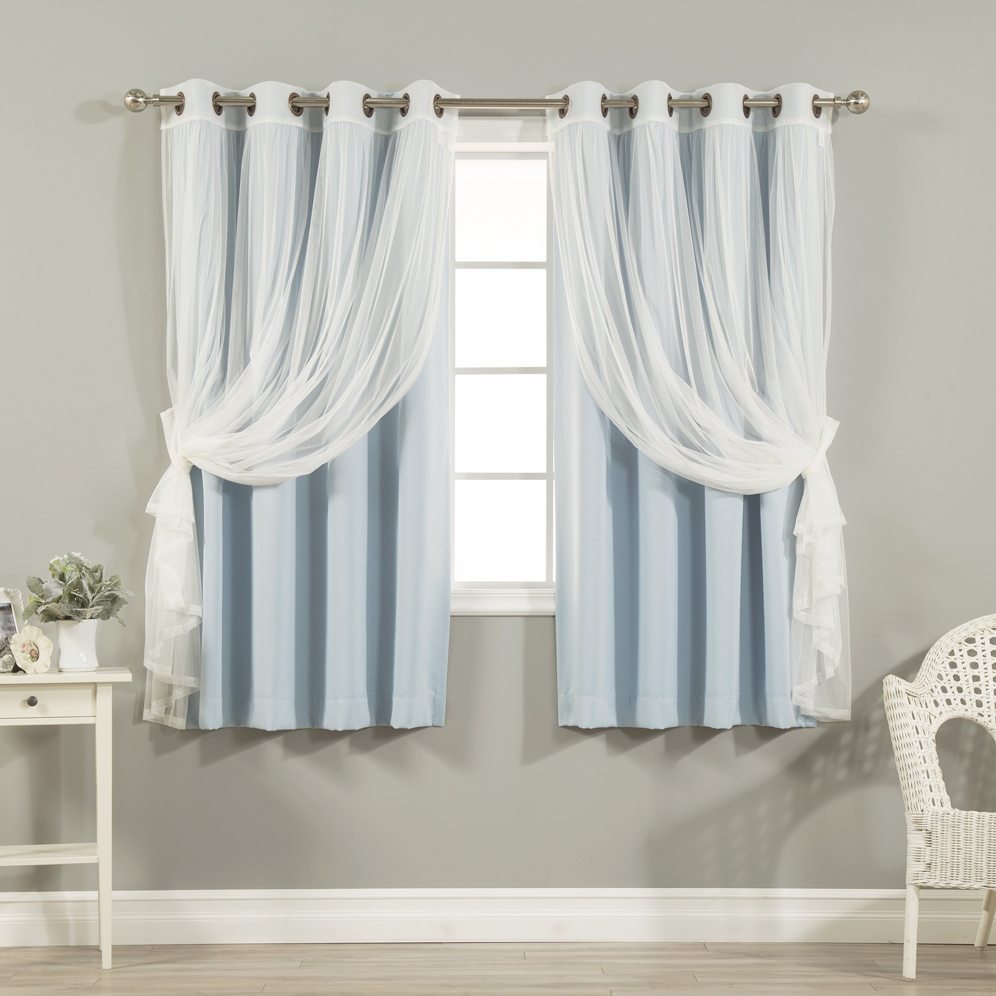 Best Home Fashion uMIXm Tulle Sheer Lace & Blackout 4 Piece Curtain Set - Antique Bronze Grommet Top - Sky Blue - 52" W X 63" L - (2 Curtains and 2