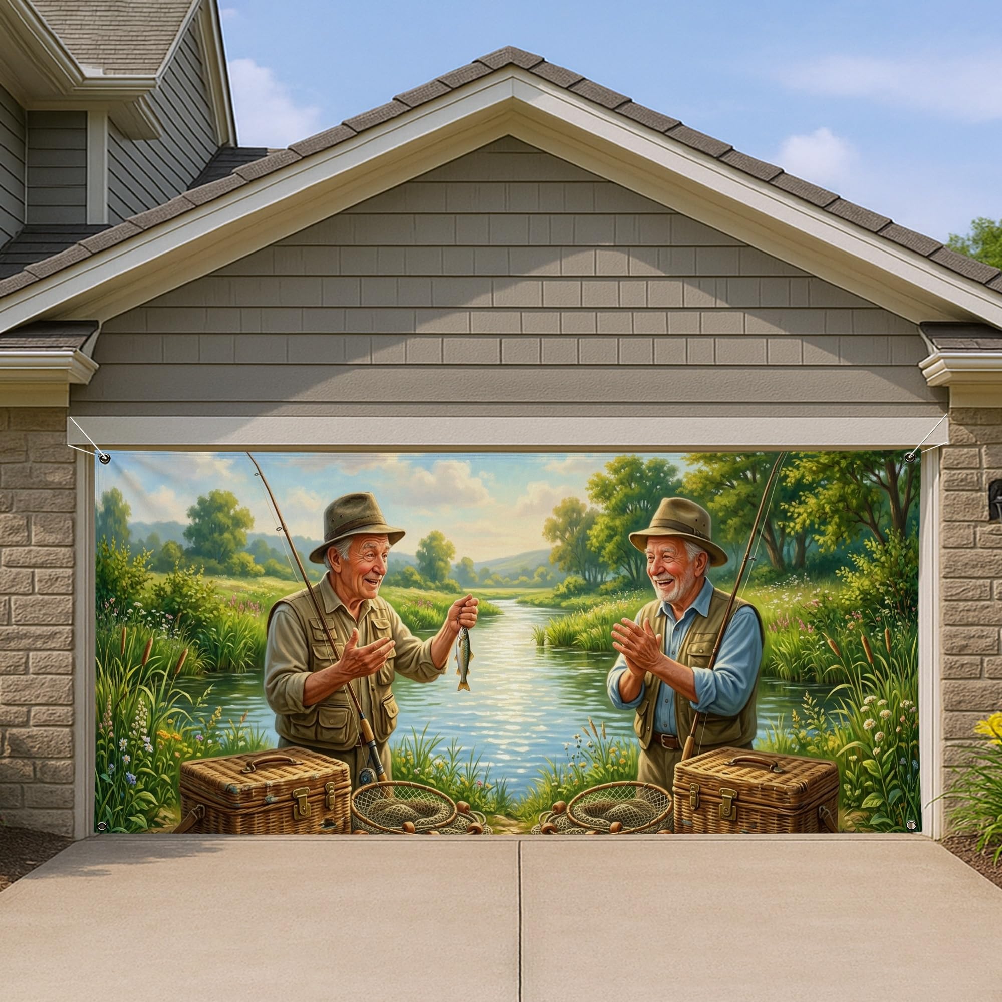 Rivière extérieure en housse de garage, masquez une porte usée avec ce décor de pêche vert