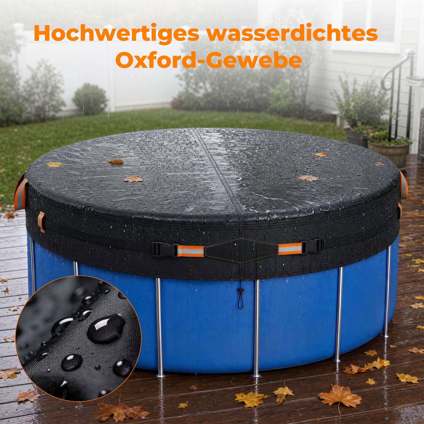 Poolabdeckung Rund, Sommer-Poolplane aus hochwertigem Oxford-Gewebe für runden Aufstellpool, mit Steckschnallen & Kordelzug, Ø 305cm (10FT)