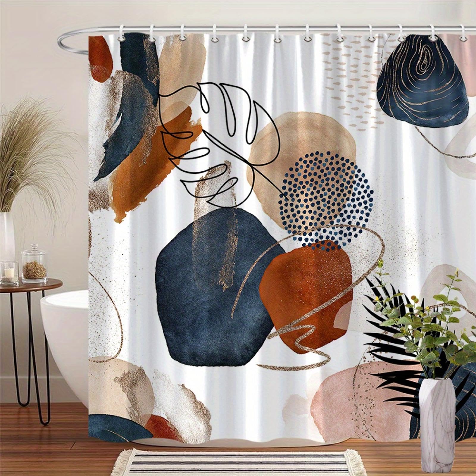 Rideau de douche 140x203 cm en polyester résistant géométrique marron et bleu