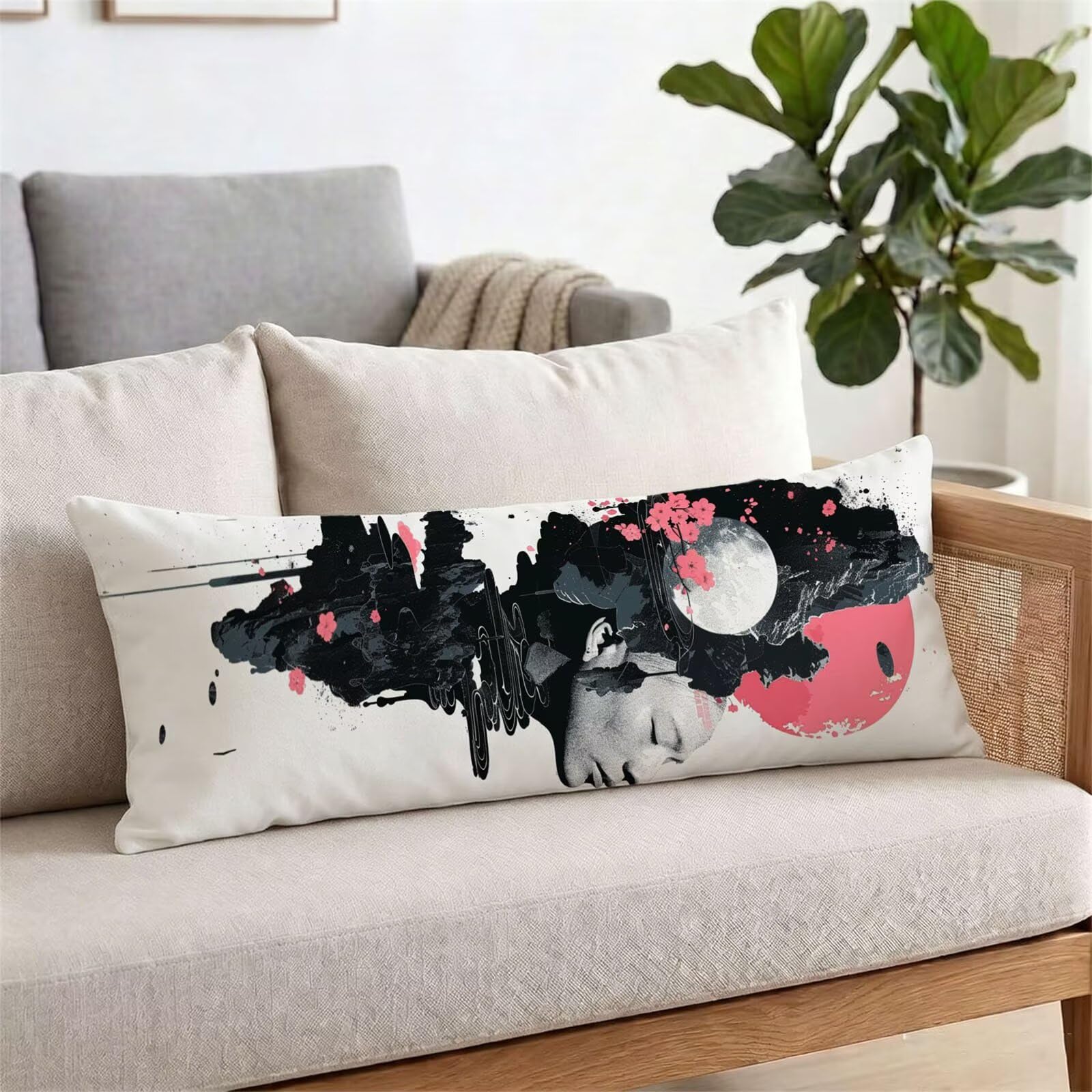 Funda de Almohada 60 x 180 cm Gris Protector Almohada 180 cm con Cremallera Invisible, Lino Durable y Transpirable Pillow Case Abstracto Impresión a Doble Cara para Cama, Sofá y Dormitorio dg-596