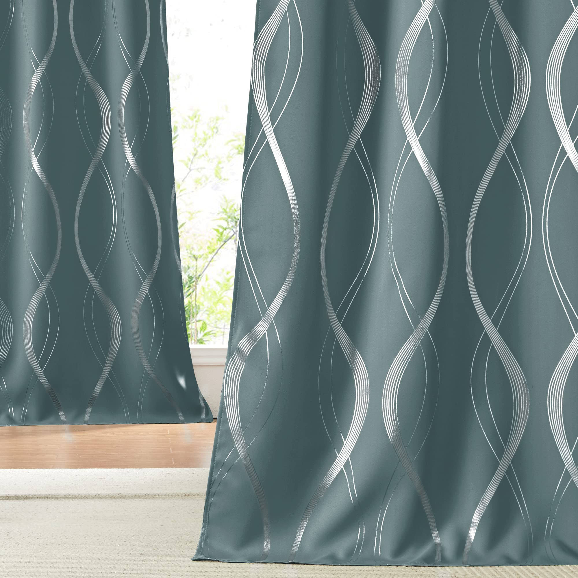 NICETOWN Blackout Curtains Panels for Living Room, Greyish Blue, 52" Wide x 84" Long, 2 Panels, Sound Reducing Thermal Insulated Wave Line Foil Print