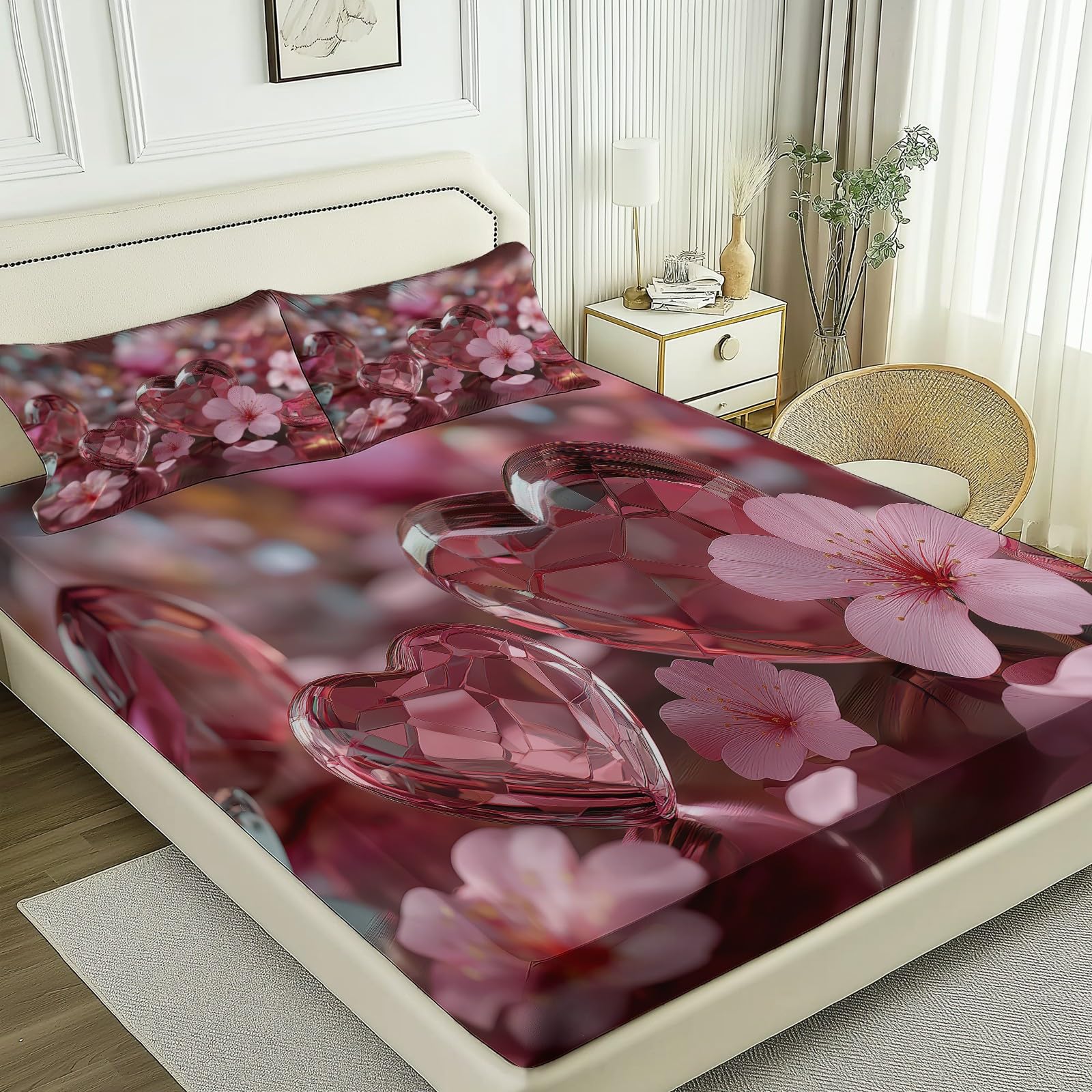 Lenzuolo con Angoli180 x 200 + 30 cm, Stampa 3D Forma Di Cuore Floreale per Bambini Ragazzi Adolescenti Adulti - Lenzuolo con Angoli in Morbida Microfibra Rosso