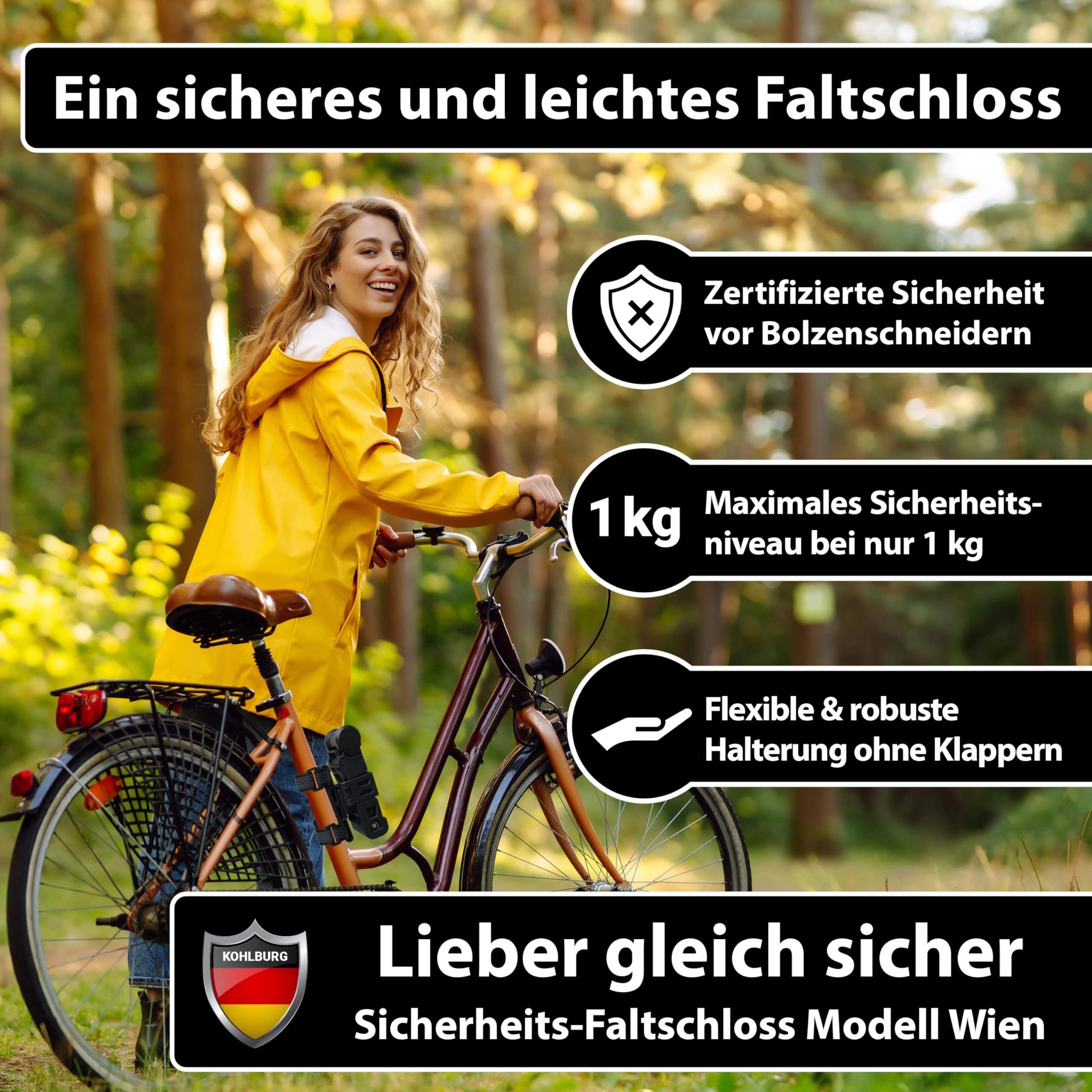 KOHLBURG Fahrrad Faltschloss höchste Sicherheit bei nur 1kg – 89cm Modell Wien – Fahrradschloss mit Halterung – sehr sicheres Fahrradschloss als e Scooter Schloss & eBike Faltschloss Fahrrad sicher