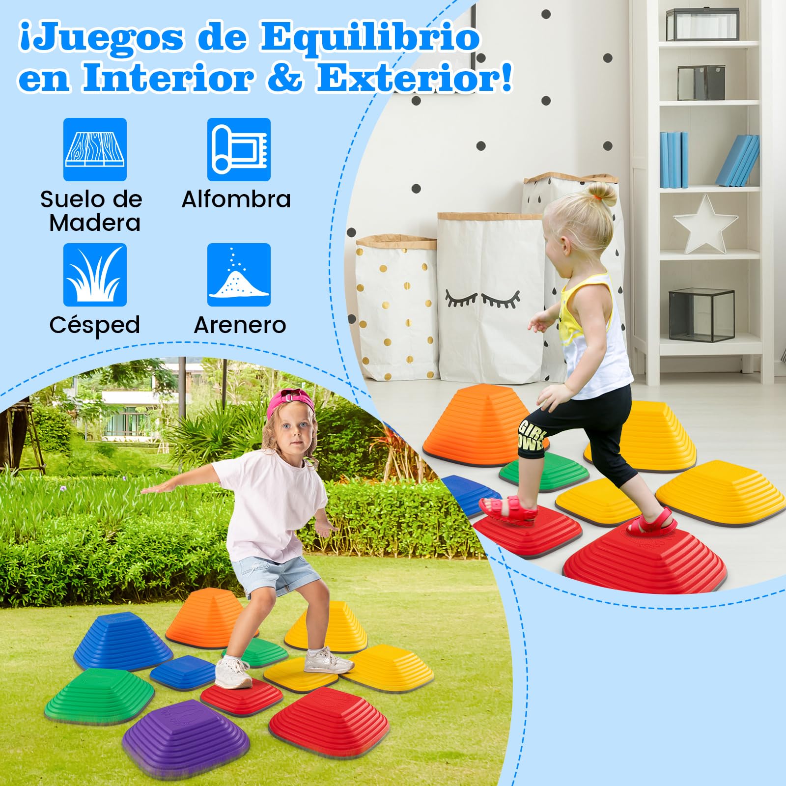 COSTWAY Piedras de Equilibrio para Niños, Juego de 11 Piezas de Equilibrio Apilables con Borde Completo Antideslizante para Niños, Juguetes Sensoriales para Guardería