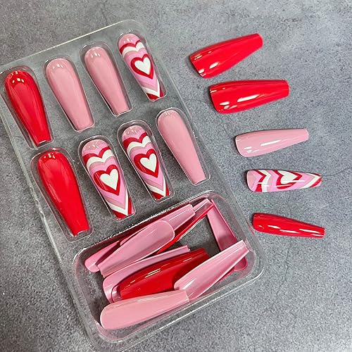 Miniatura 6 de Uñas postizas a presión para el día de San Valentín uñas postizas largas de ataúd color rojo cobertura completa con diseños de corazón uñas