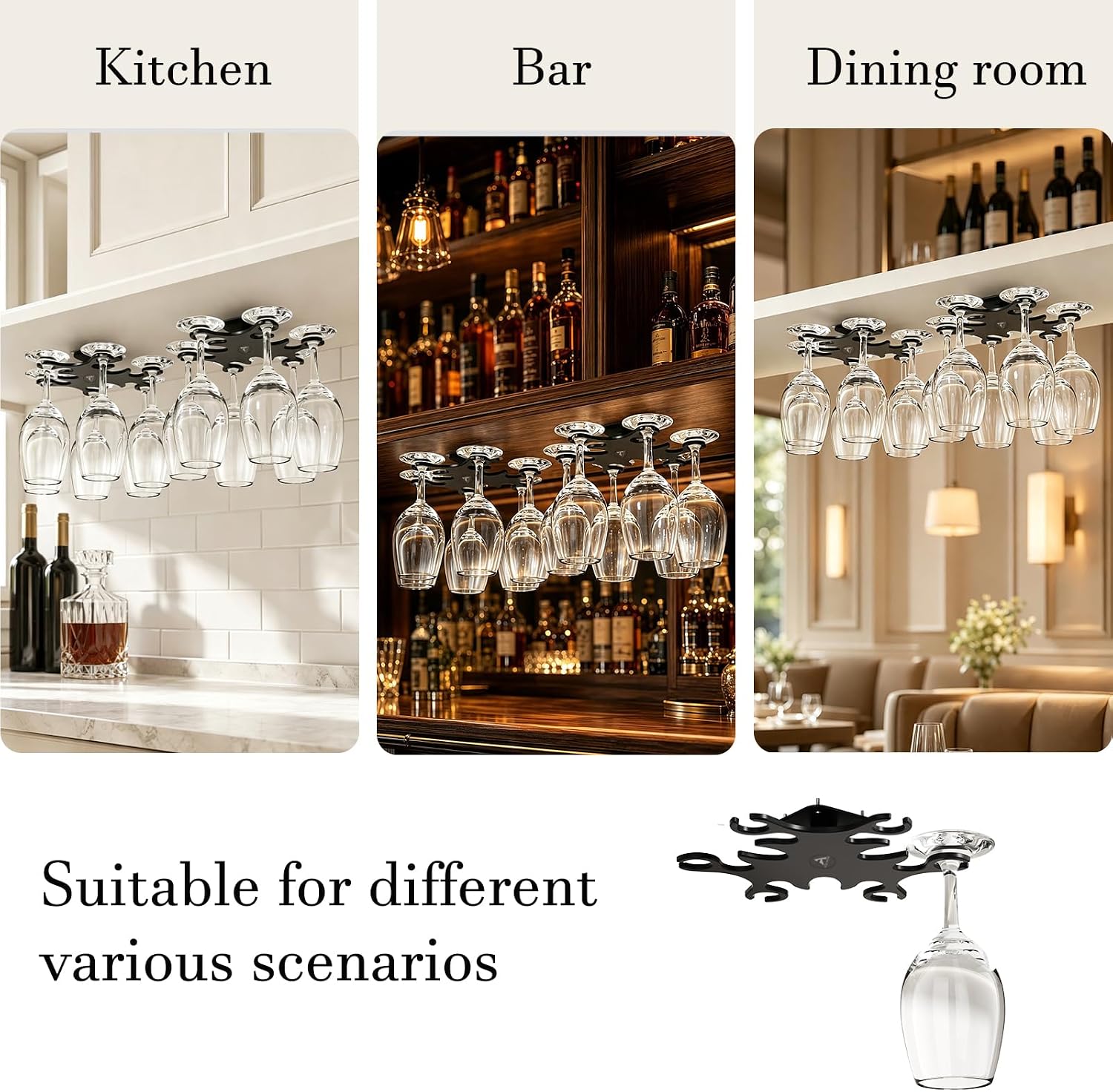 Wine Glass Rack, Rotating Under Cabinet Wine Glass Holder (Black)