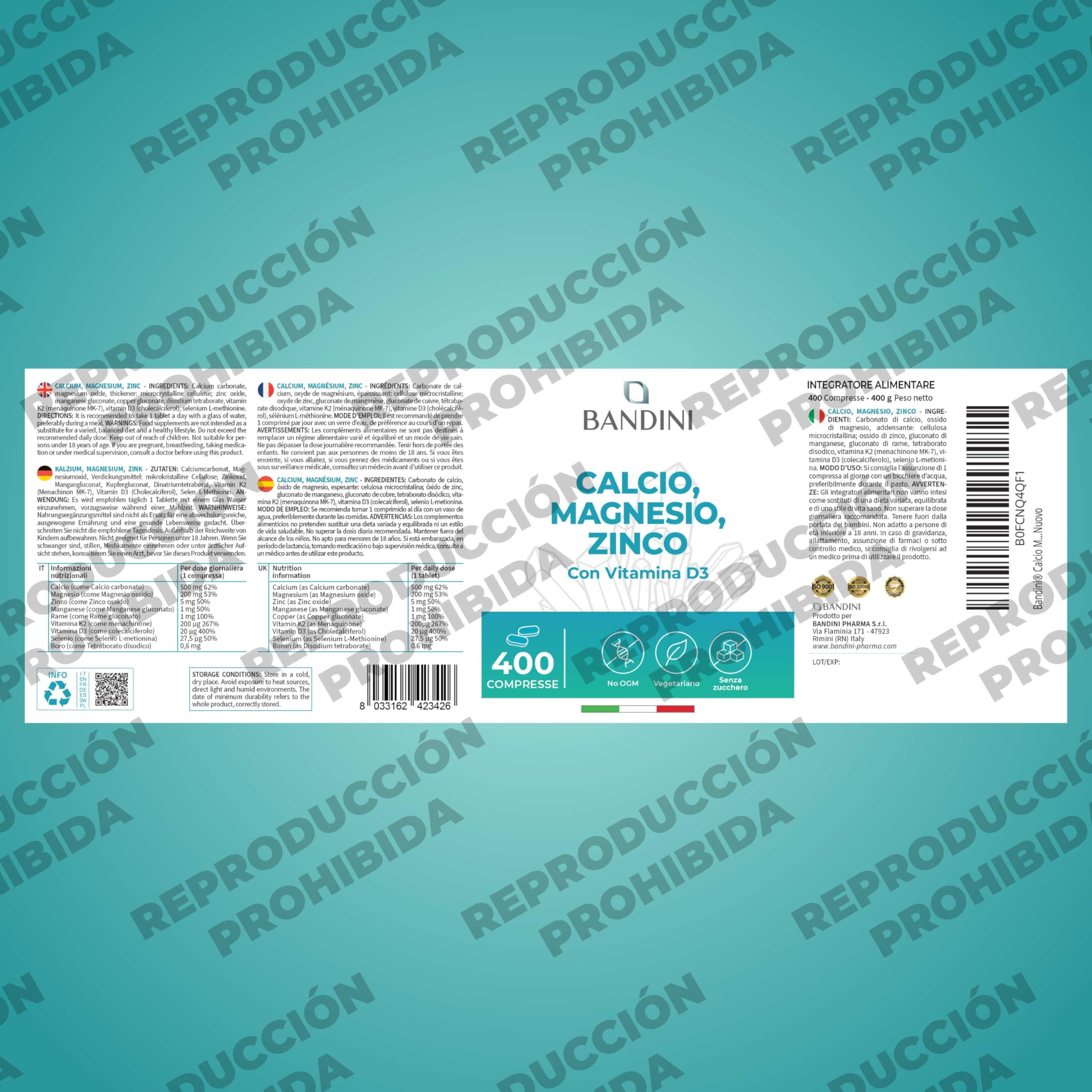 Bandini® Calcio, Magnesio, Zinc + Vitamina D3 y K2 MK7 | 400 Tabletas de Alta Potencia | Con Cobre, Selenio, Manganeso y Boro | Complejo de Vitaminas y Minerales | Huesos, Función muscular y Inmunidad