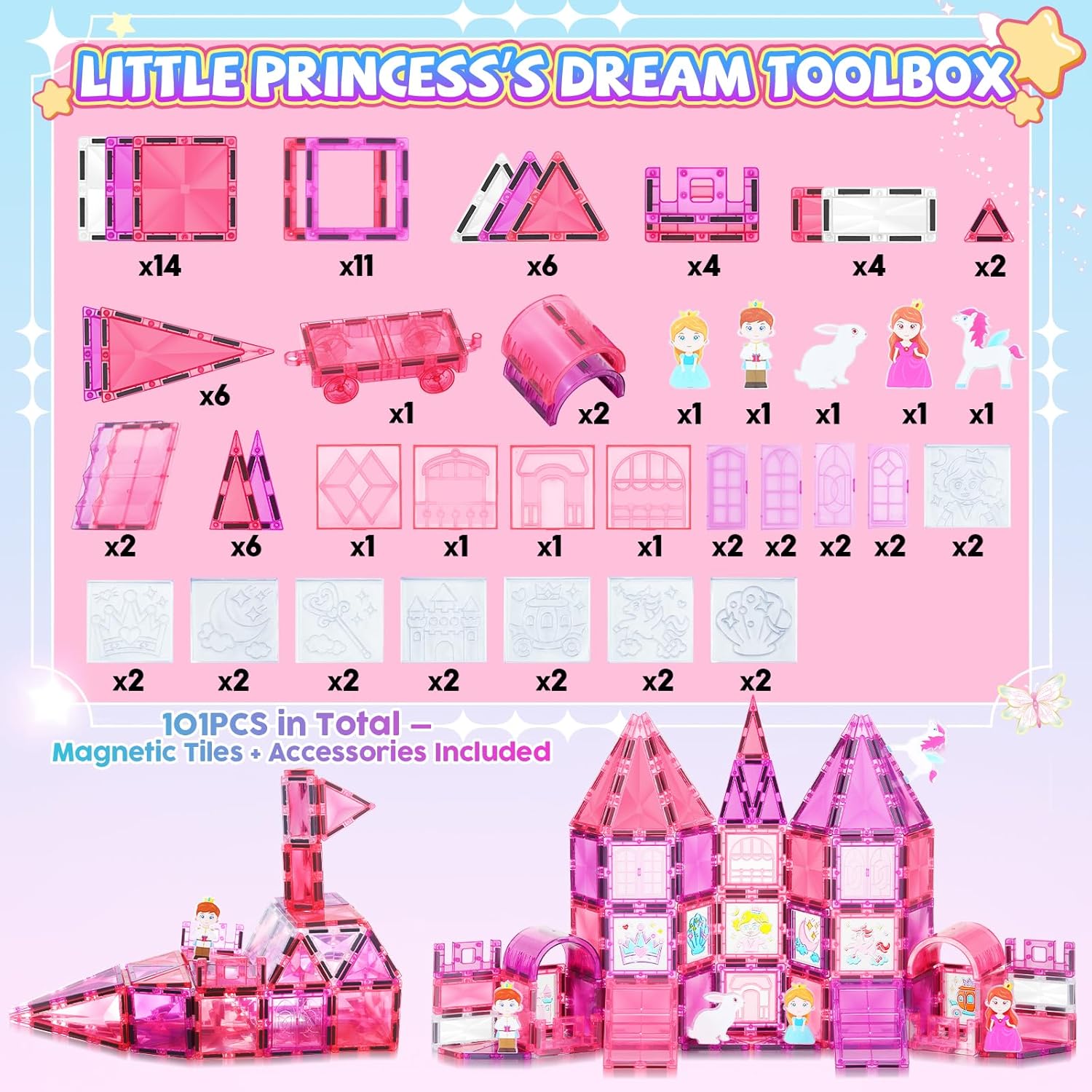 Wise Block Magnetic Tiles 2-Pack Bundle, 101PCS Princess Castle & Car Accessory Set + 60PCs Educational STEM Building Set Magnet Toys for Girls Boys Kids Ages 3-9+
