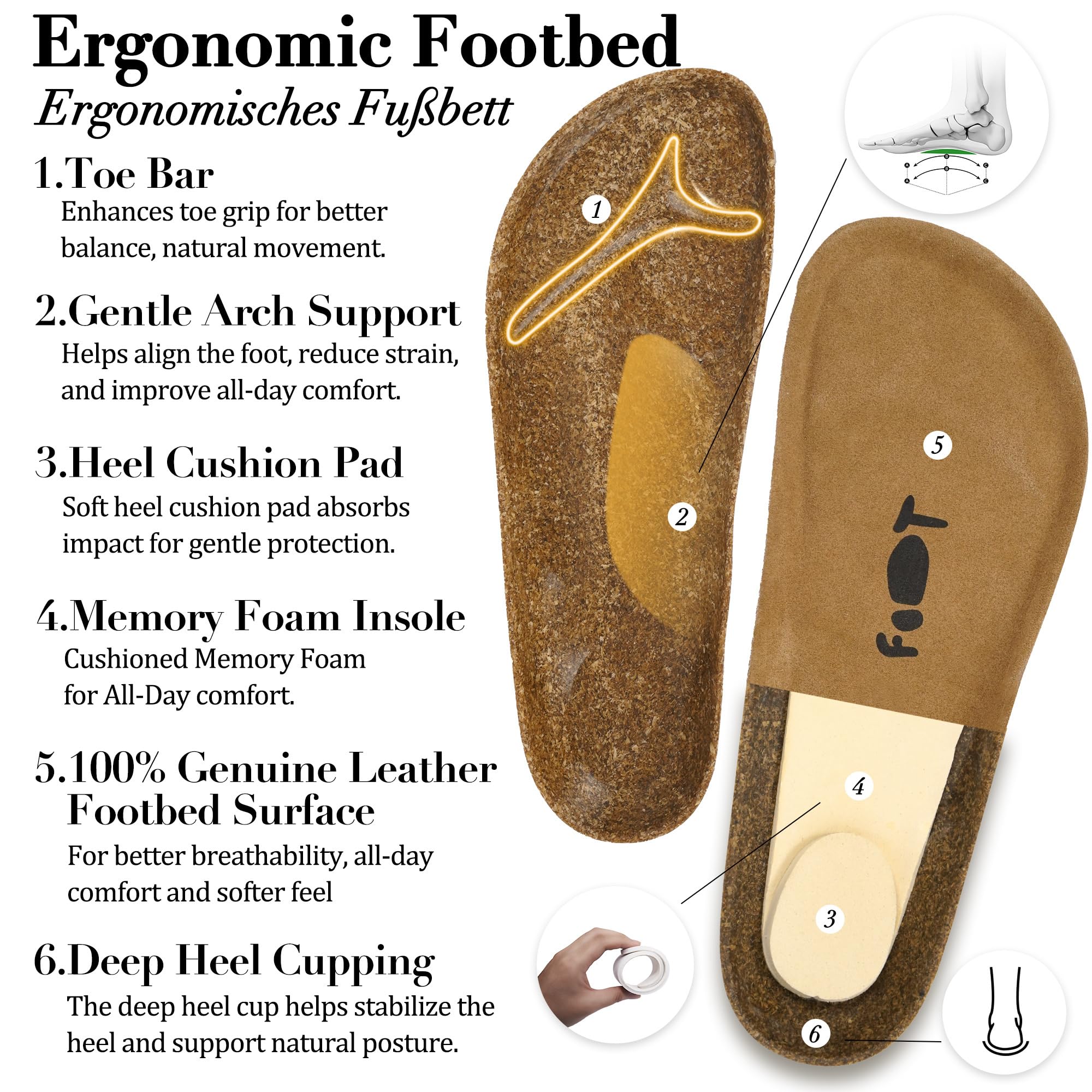 Sandales et Mules pour Femmes Été Confortable Pantoufles avec Boucles Réglable, Légères Sandales Orthopédiques avec Arch Support Antidérapant Bout Ouvert Chaussons avec Cuir Liège 36-42EU - 3