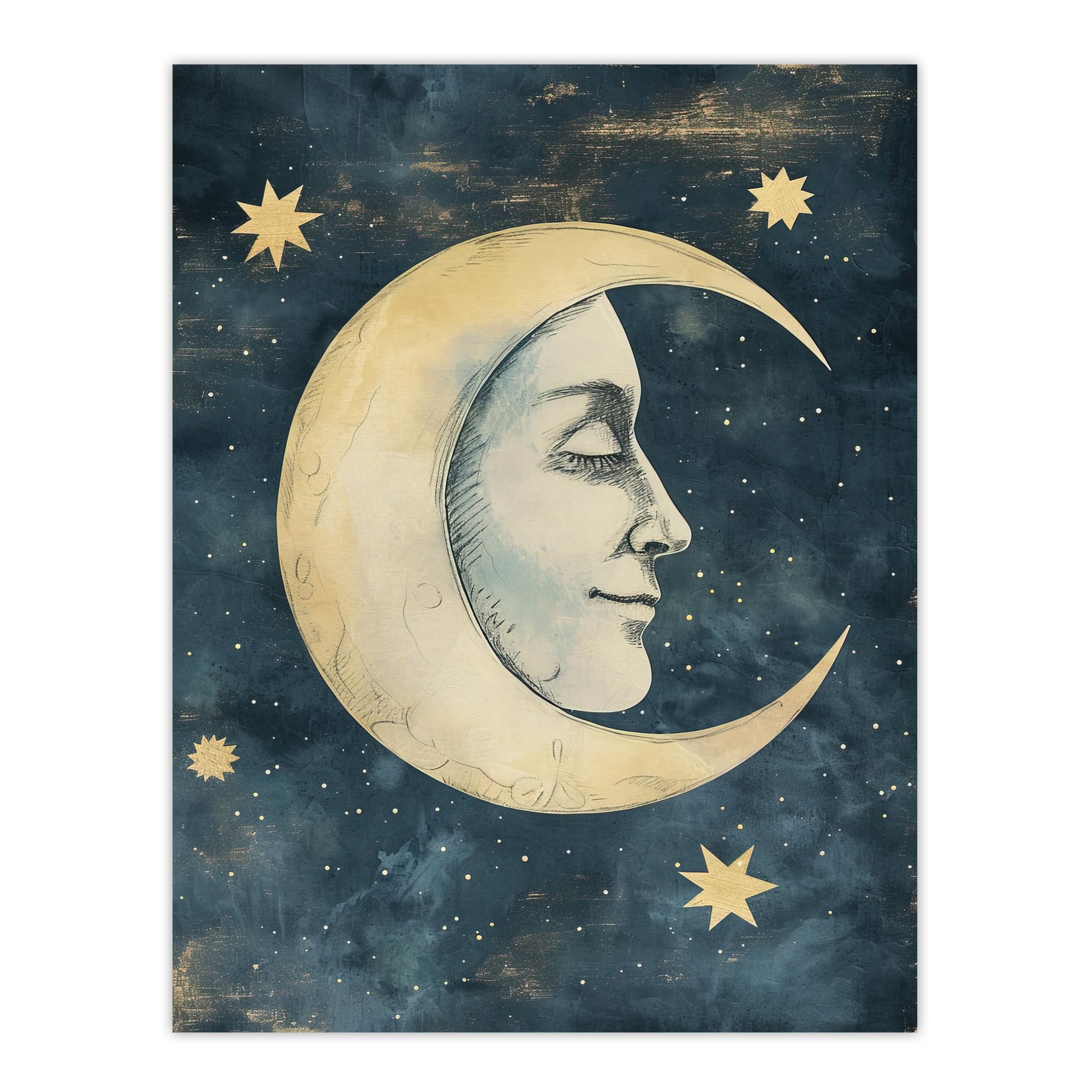 Artery8 Man in Moon with Stars Drawing Wall Art Print - Blue - W18" x H24"