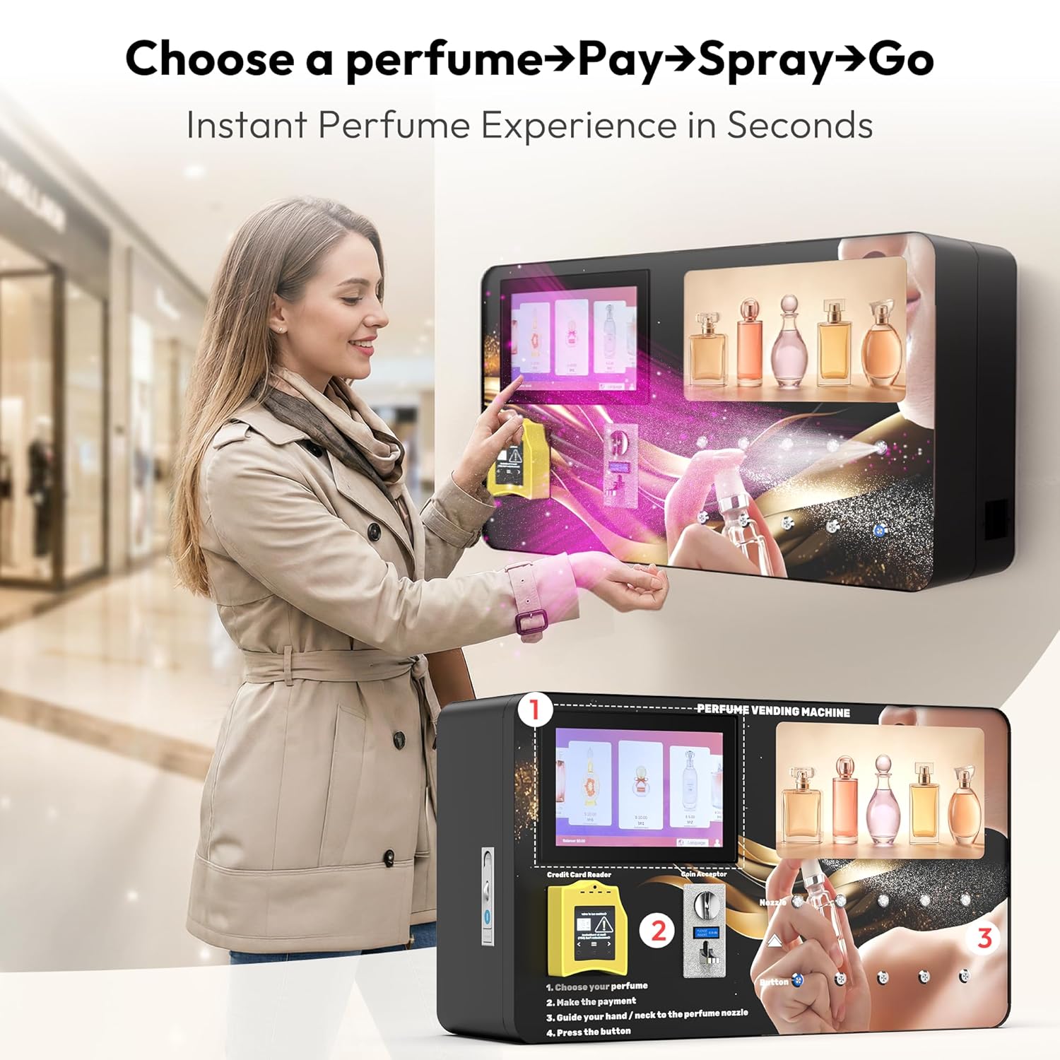Smart Perfume Vending Machine with Touch Screen, Multi-Fragrance Automatic Dispenser, Cashless Payment Ready, Commercial for Mall, Hotel, Bar & Restroom