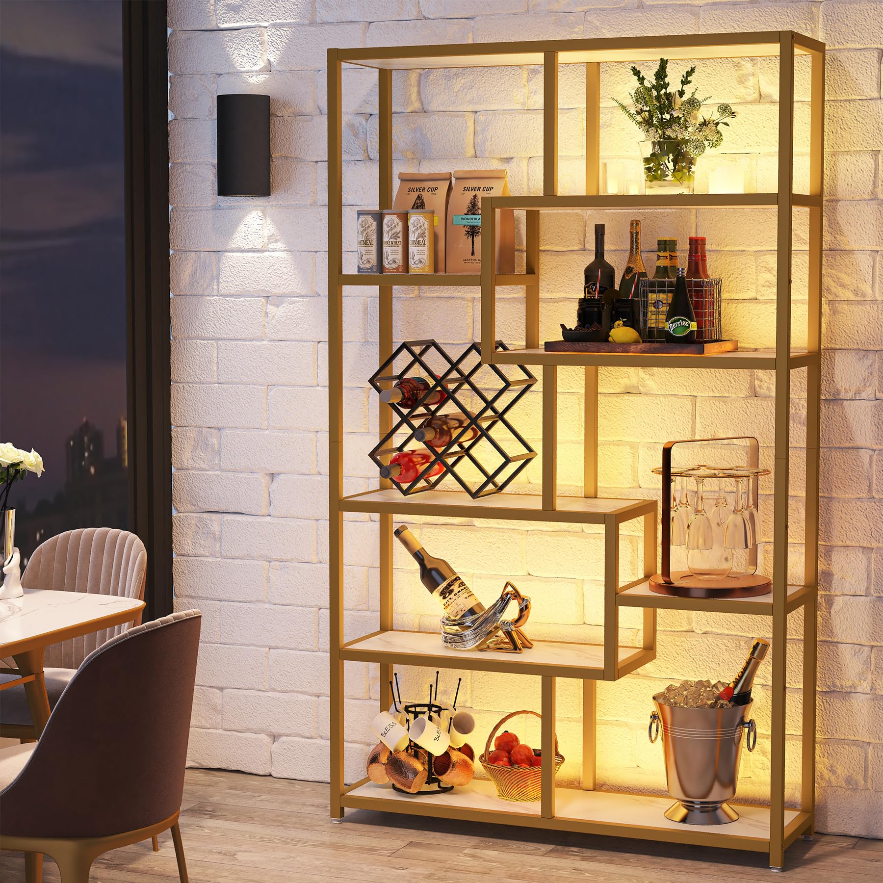 Tribesigns Libreria Scaffale Oro, 180 cm scaffale per libri da pavimento a 8 Ripiani, Porta Piante, mensola in legno e struttura in metallo per libri, espositore per soggiorno, casa e ufficio