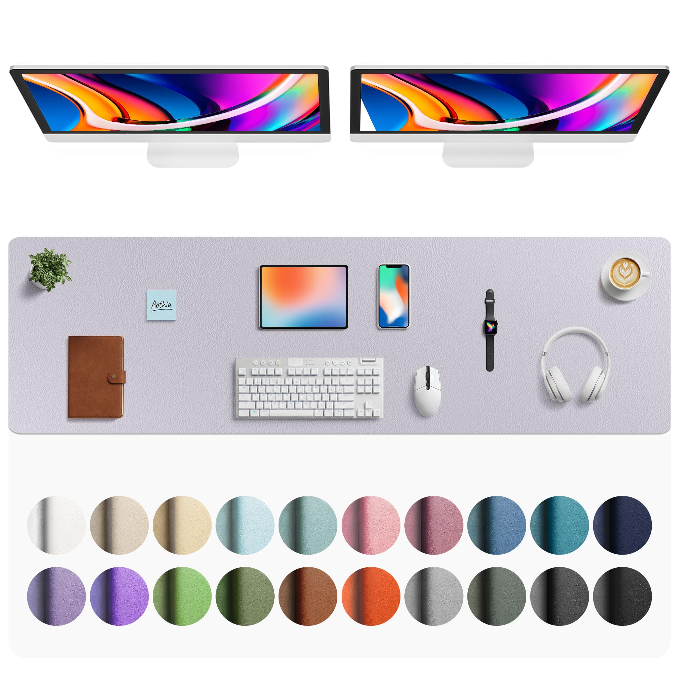 Aothia Faux Leather Desk Mat - Large Mouse Pad, Non-Slip PU Leather Blotter, Waterproof Writing Surface for Office and Home (Smoky Lavender, 63" x 17")