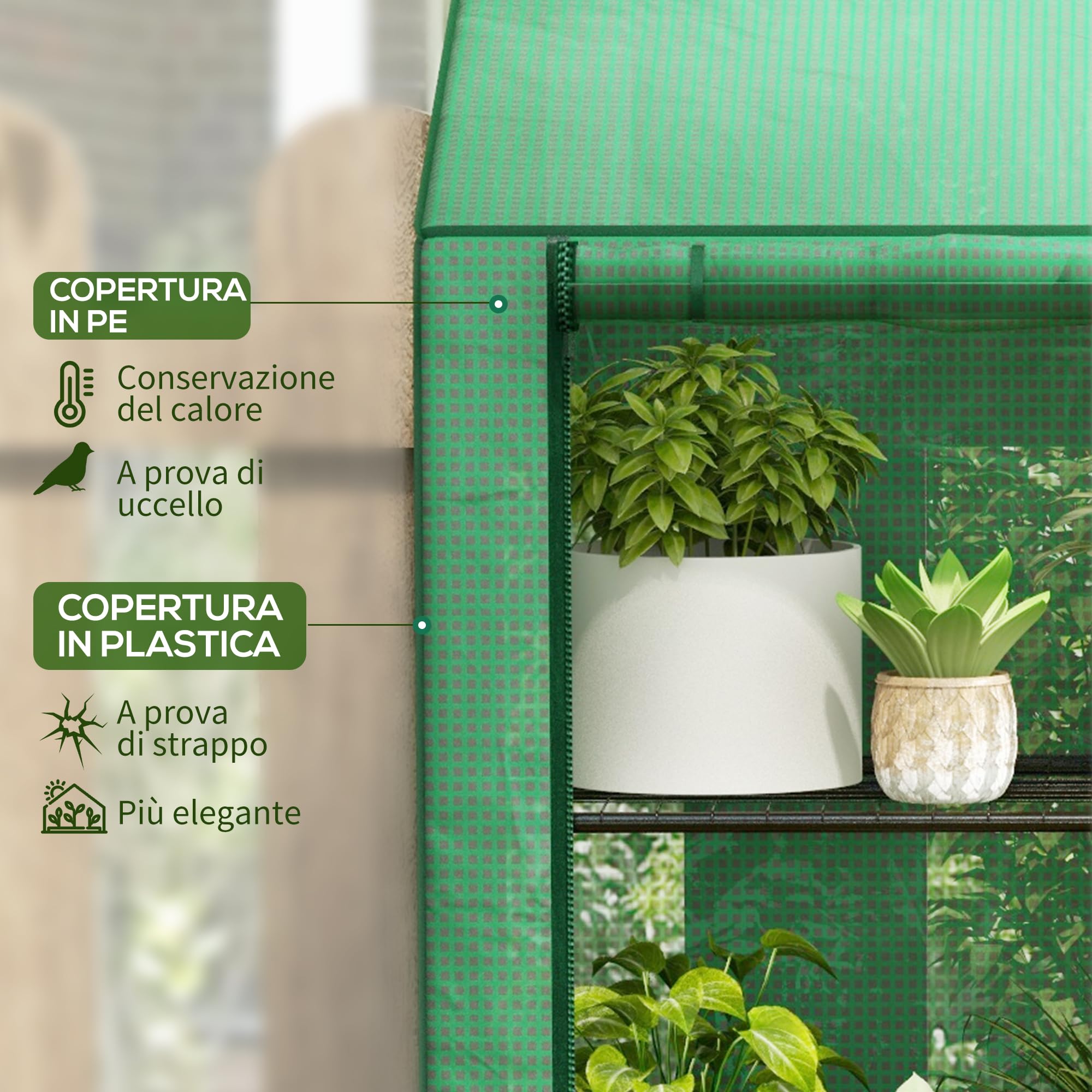 Outsunny Serra da Giardino con Copertura in PE e 6 Mensole a Rete, Serra Addossata da Balcone con 2 Porte Avvolgibili, 143x46x151cm, Verde