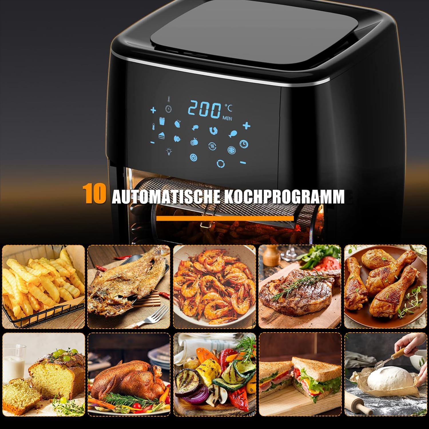 Fine Life Pro Friggitrice ad aria calda da 13 l, con touch screen LED, 1700 W, friggitrice ad aria calda XXL con 8 diversi programmi, controllo della temperatura, friggitrice ad aria calda,