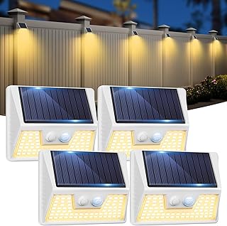 4 Pack Solar Fence Lights Waterproof, Motion Sensor Deck, Warm White LED Outside Wireless for Wall, Yard, Garden - White