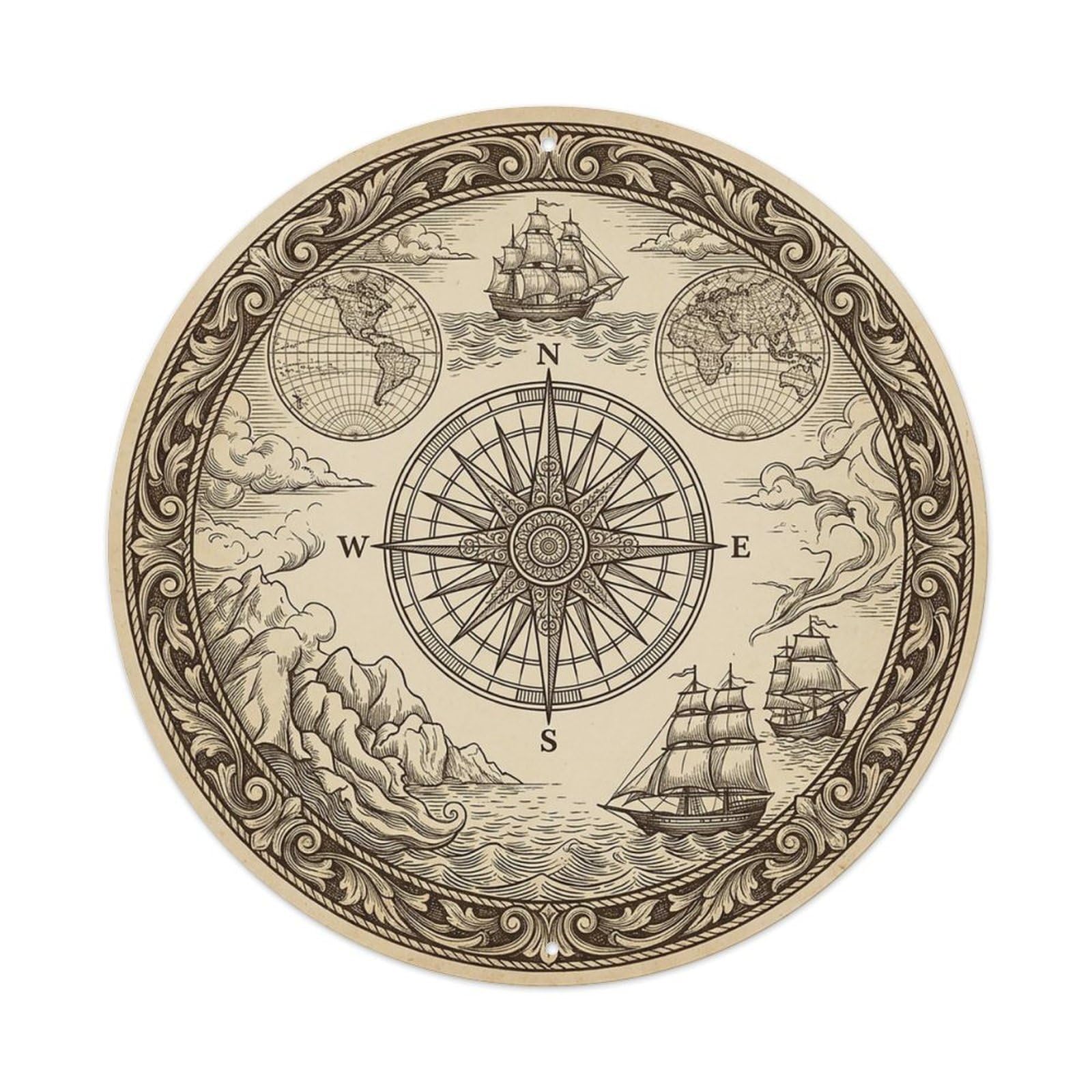 Vintage Nautical Compass World Map Logbook Heritage Metal Tin Sign