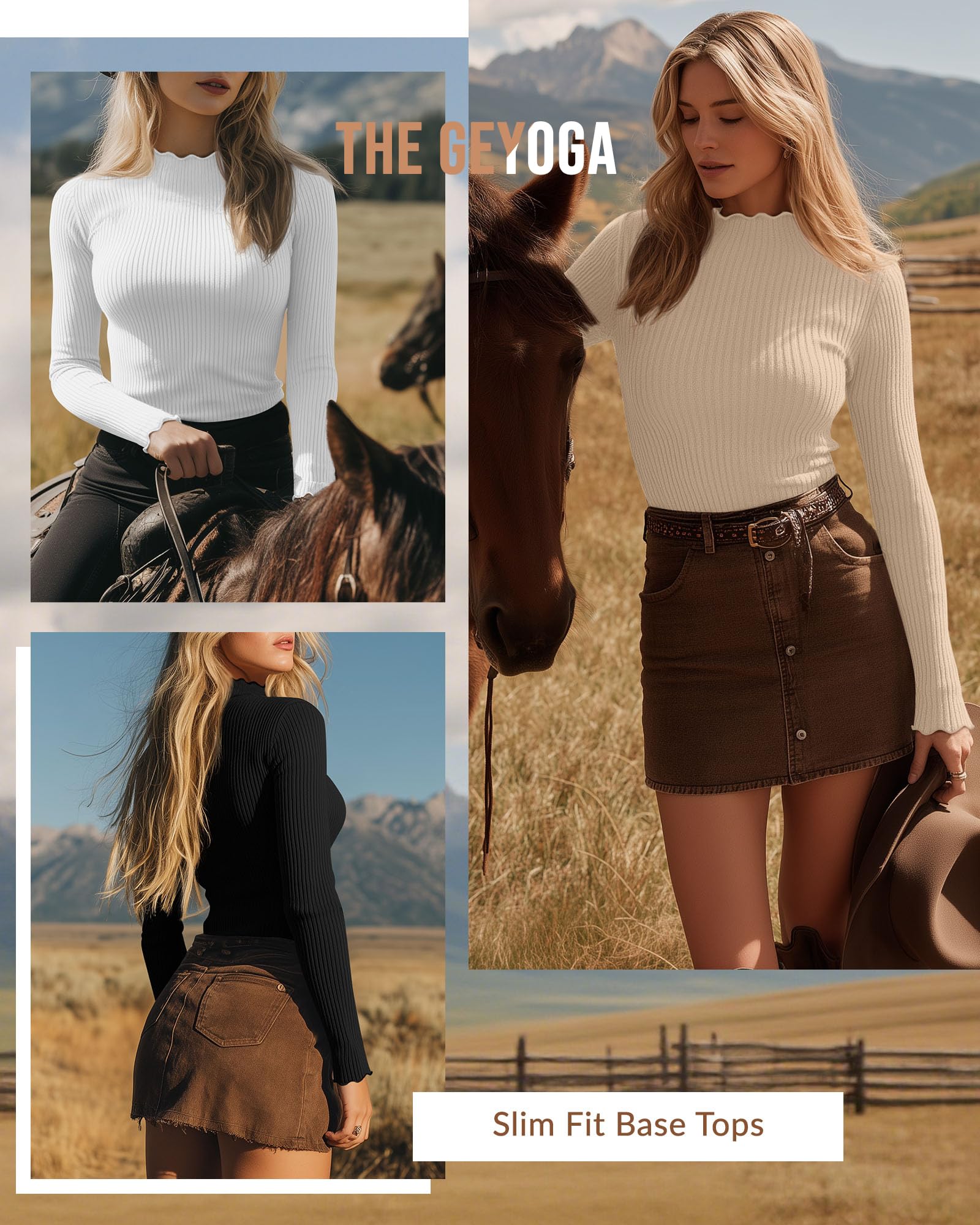 Geyoga 3 Camisetas Cuello Perkins Mujer | Camiseta De Algodón De Manga Larga Con Tejido Acanalado Y Borde Ondulado. Suave, Elástica E Ideal Para Combinar.