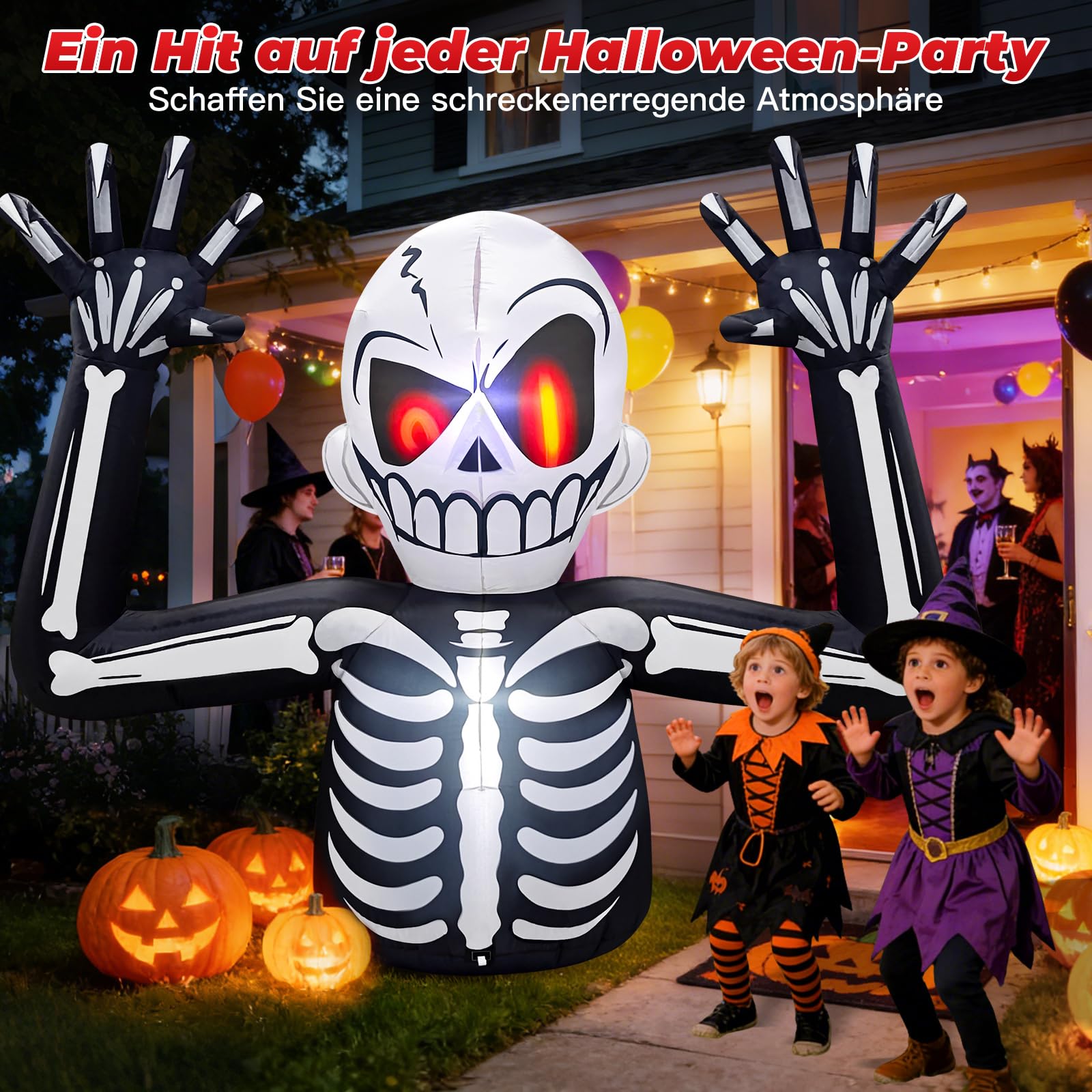 Danxilu 1,83M Gruselige Aufblasbar Halloween Skelett Außen Deko Roten Augen | Eingebaute LED Lichter, Wasserdichtes Material, Seile und Heringe für Windstabilität, Geeignet für den Garten, Rasen, Feiern