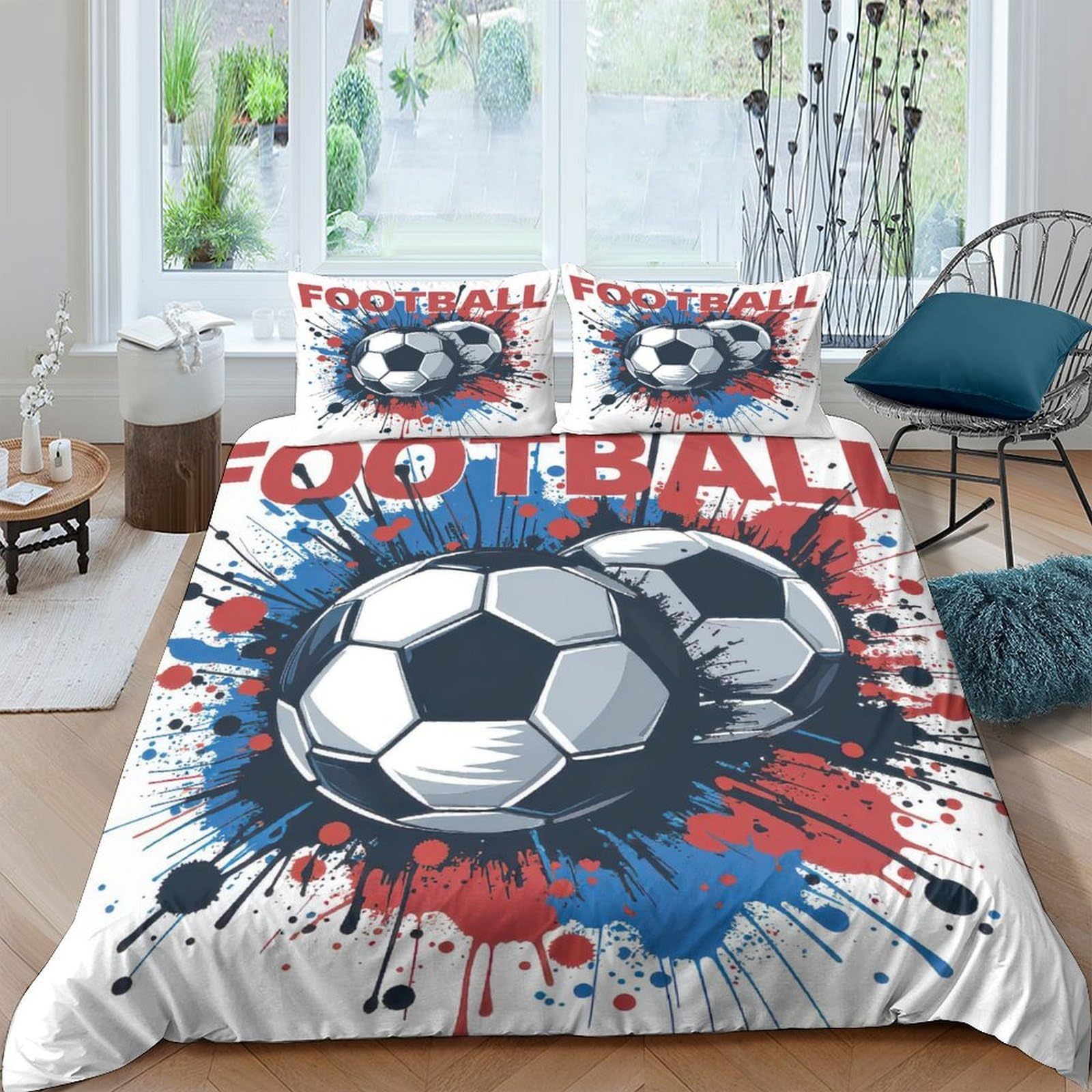 GPLZQXKJNH 3D Printed Football Splash Duvet Cover Microfiber Soft Breathable Graffiti Bedding Set with 2 Pillowcases for Bedroom Single（135x200cm）