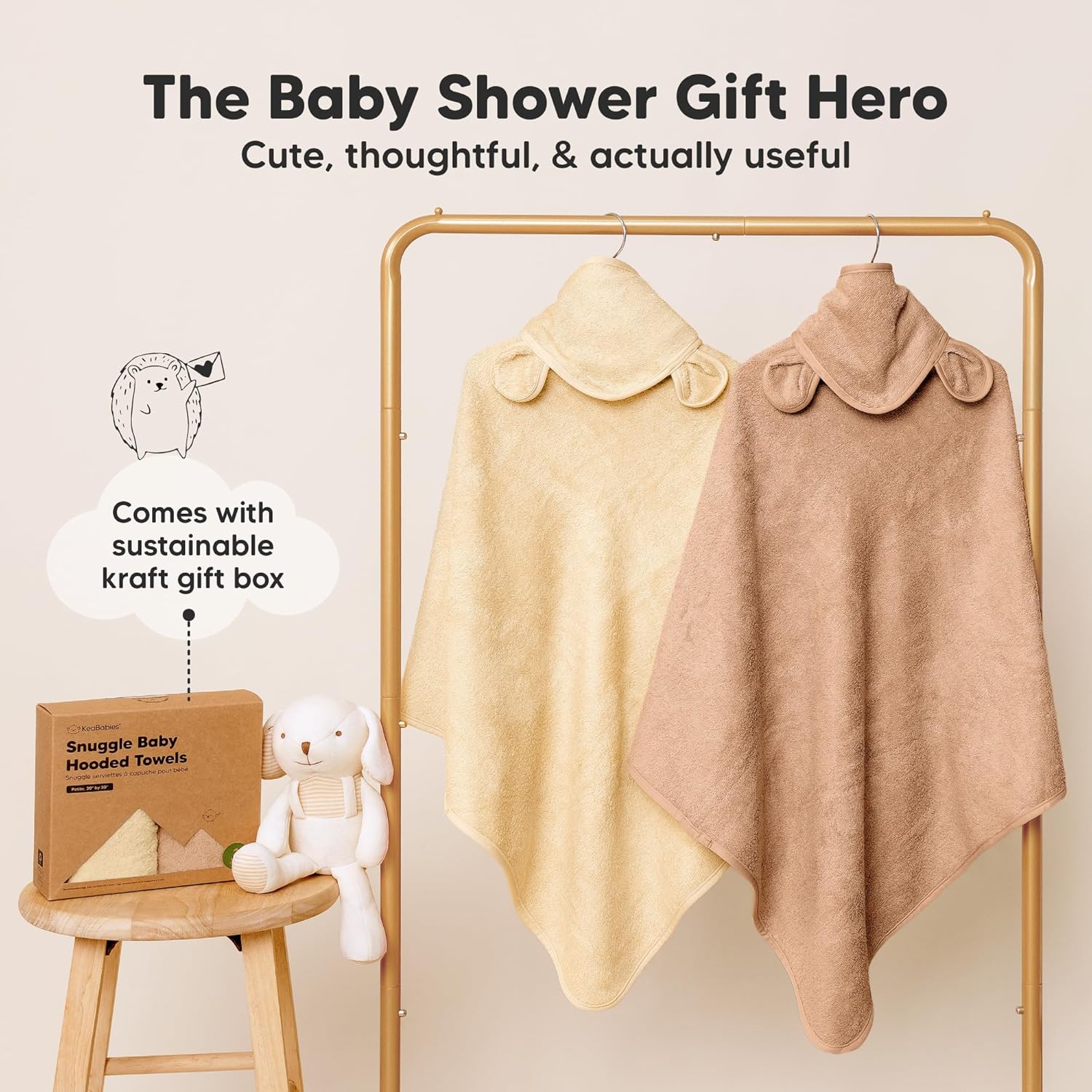 KeaBabies 2-Pack Hooded Baby Towels for Newborn - 30x30 Soft & Absorbent Viscose from Bamboo Baby Bath Towels with Hood for Infant, Toddler,Kids,Boys Girls,Newborn Bath Essentials (Almond, Petite) - Image 8