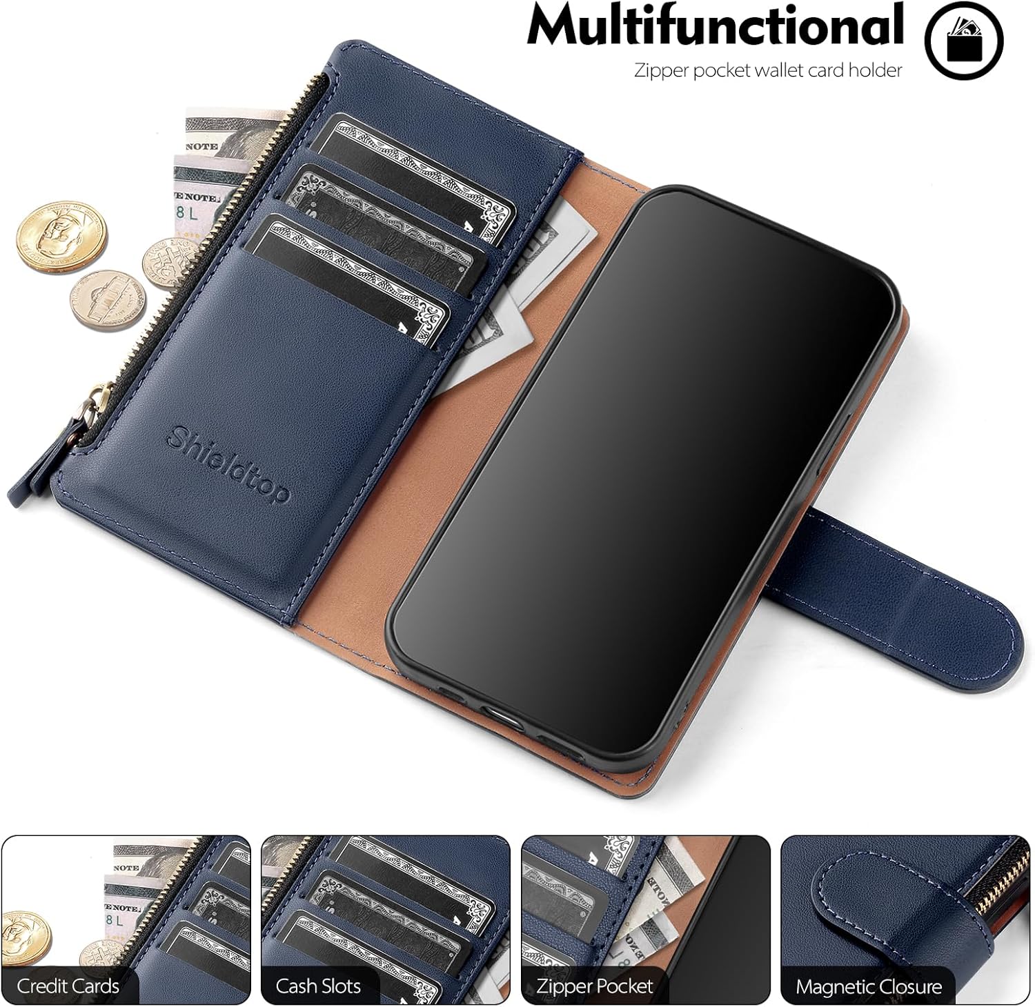Compatible with Samsung Galaxy A17 5G / A26 5G Wallet Case with Card Holder,PU Leather Phone Case Flip Protective Cover Wrist Strap Zipper Credit Card Slots RFID Blocking Women Men,Blue - Image 3