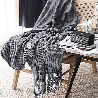 LOMAO Knitted Throw Blanket with Tassels Bubble Textured Soft Lightweight Throws for Couch Cover Home Decor (Dark Grey, 50x60)