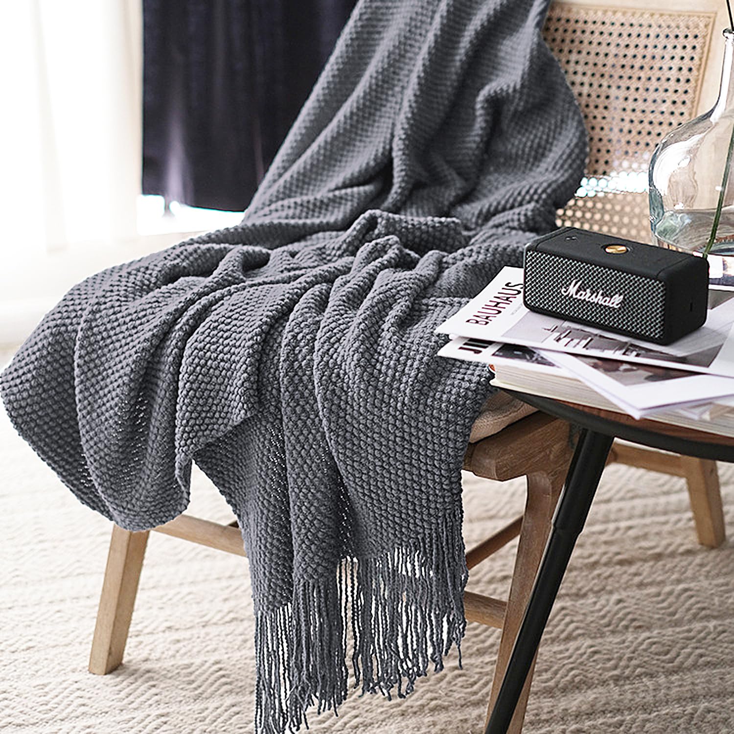LOMAO Knitted Throw Blanket with Tassels Bubble Textured Soft Lightweight Throws for Couch Cover Home Decor (Dark Grey, 50x60)