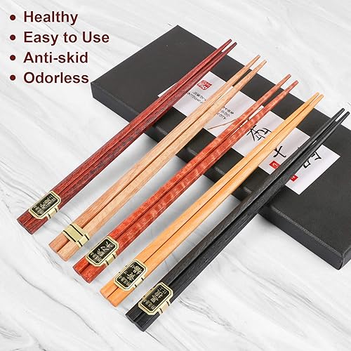 Miniatura 6 de BENBO - Juego de palillos japoneses de madera, 10 pares de palillos de madera natural con cajas de madera tallada a mano, reutilizable, minimalista,