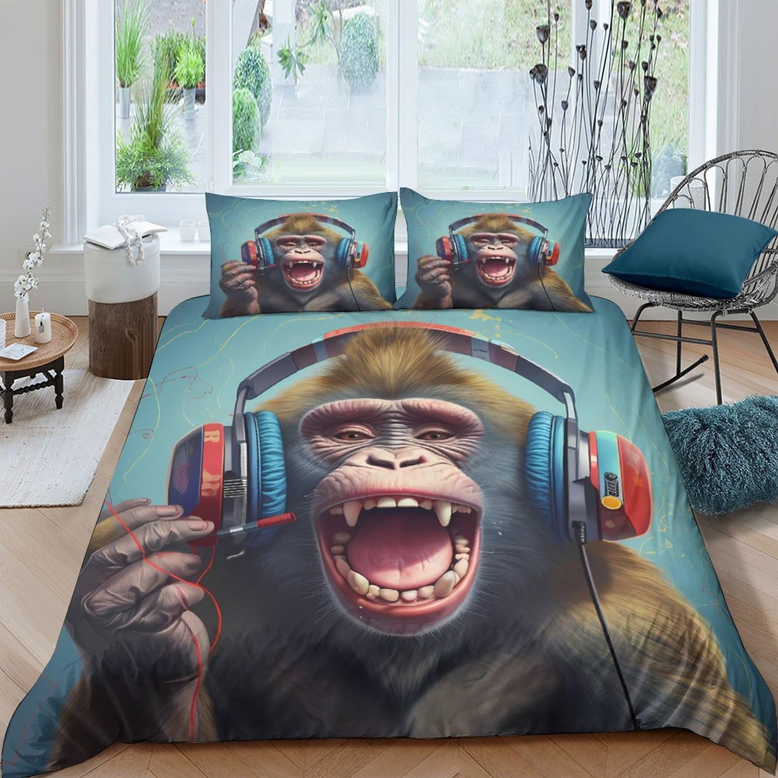 Ctjqhvkz Style-10 3D Printed Funky Monkey Headphones Fitted Sheet Microfiber Soft Mattress Cover For Bedroom Dorm Mattress Protection Decor Single（135X200cm）