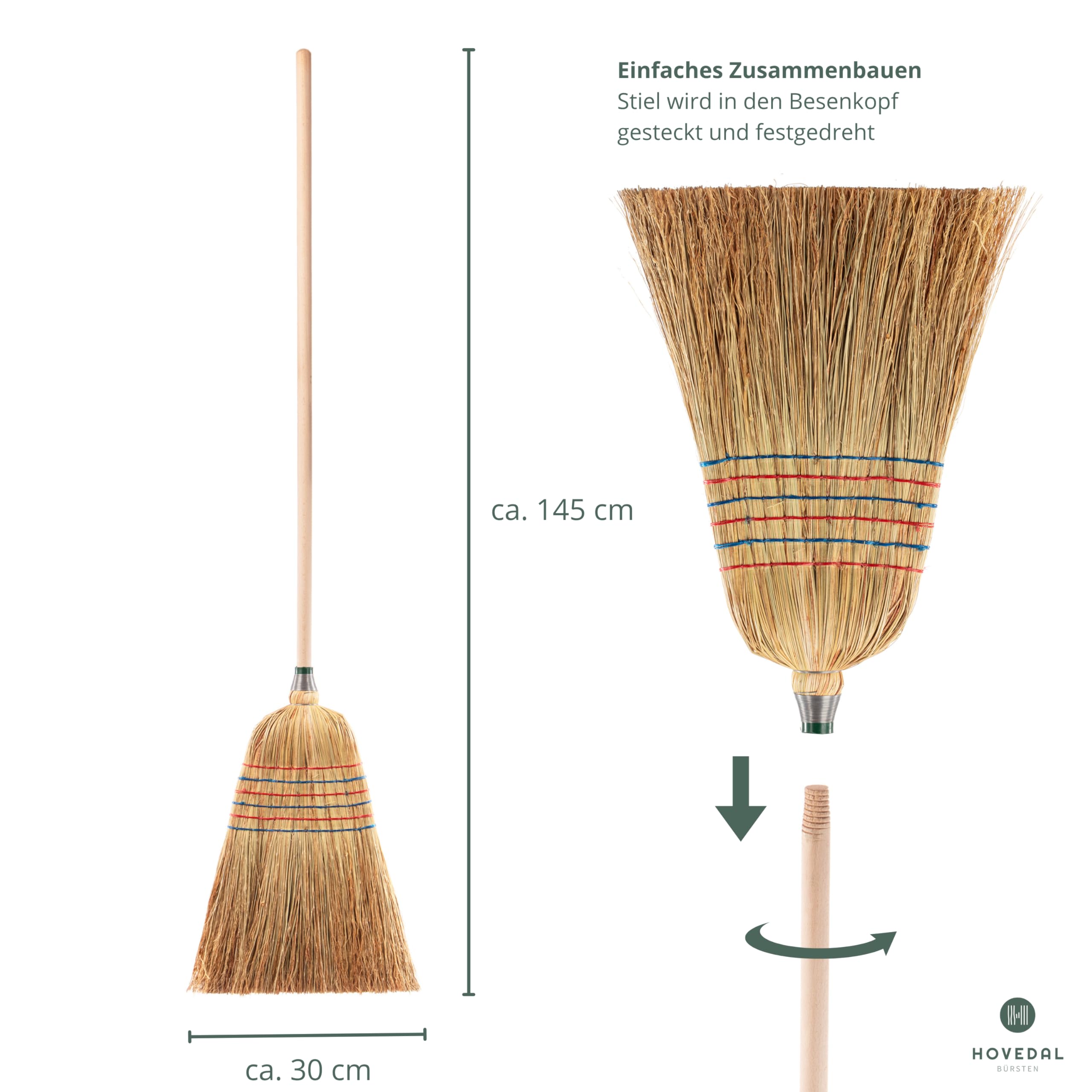 Strohbesen, Reisstrohbesen mit Stiel, robuster 6 Naht Stroh Besen mit vollen Strohborsten, Strohbesen mit Stiel draußen, Profi Reisstroh Besen, ideal für Garten, Strassen, Draussen, Stall, Hof, Garage
