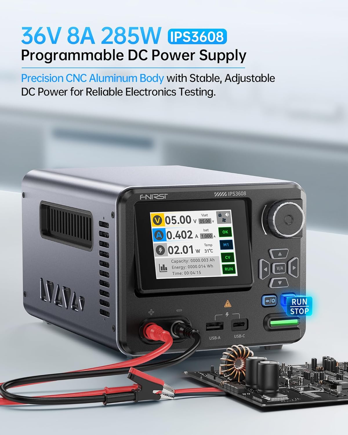 FNIRSI IPS3608 connected to a circuit board with alligator clips